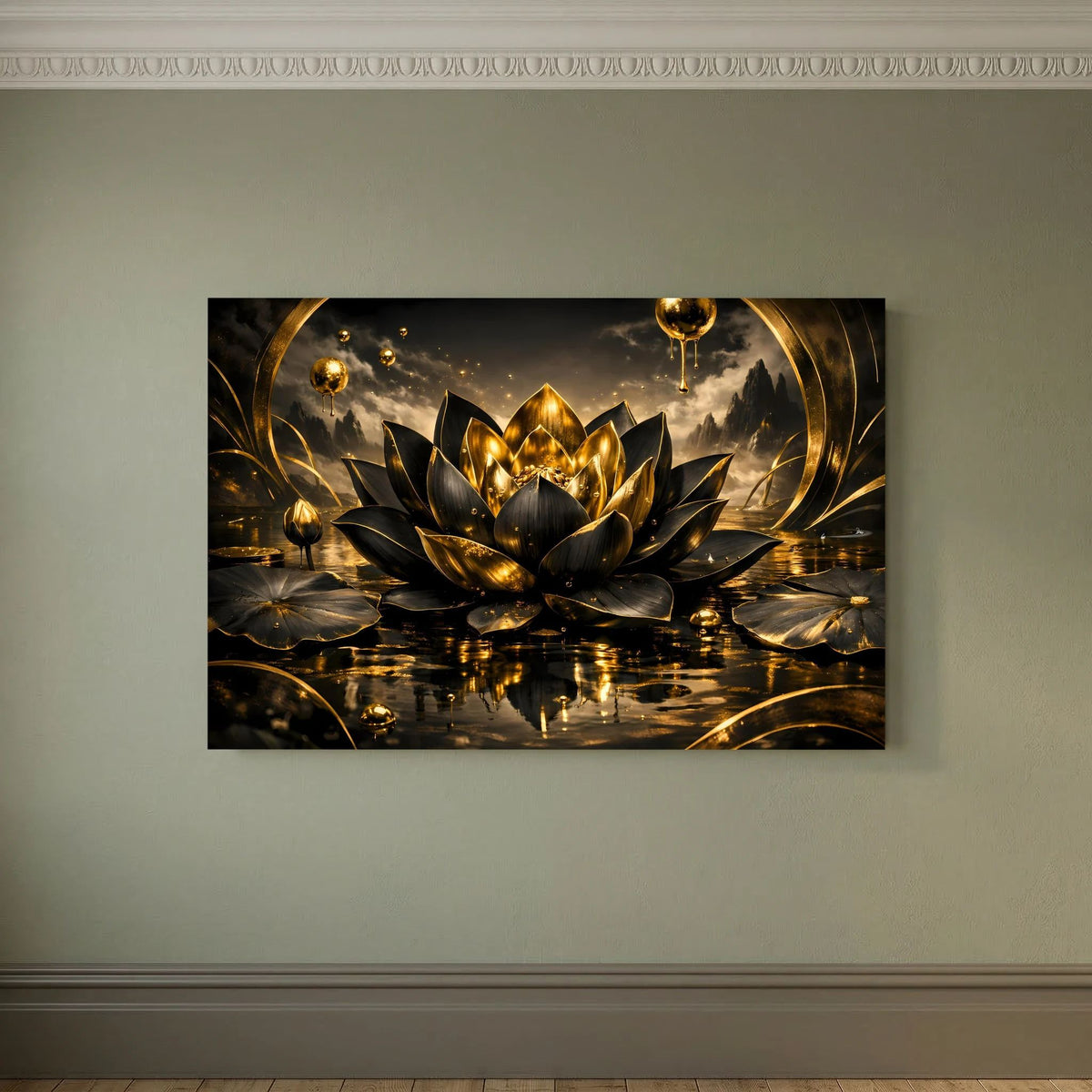 Wandposter mit gold-schwarzer Lotusblüte, goldenen Ornamentringen und Spiegelung im Wasser