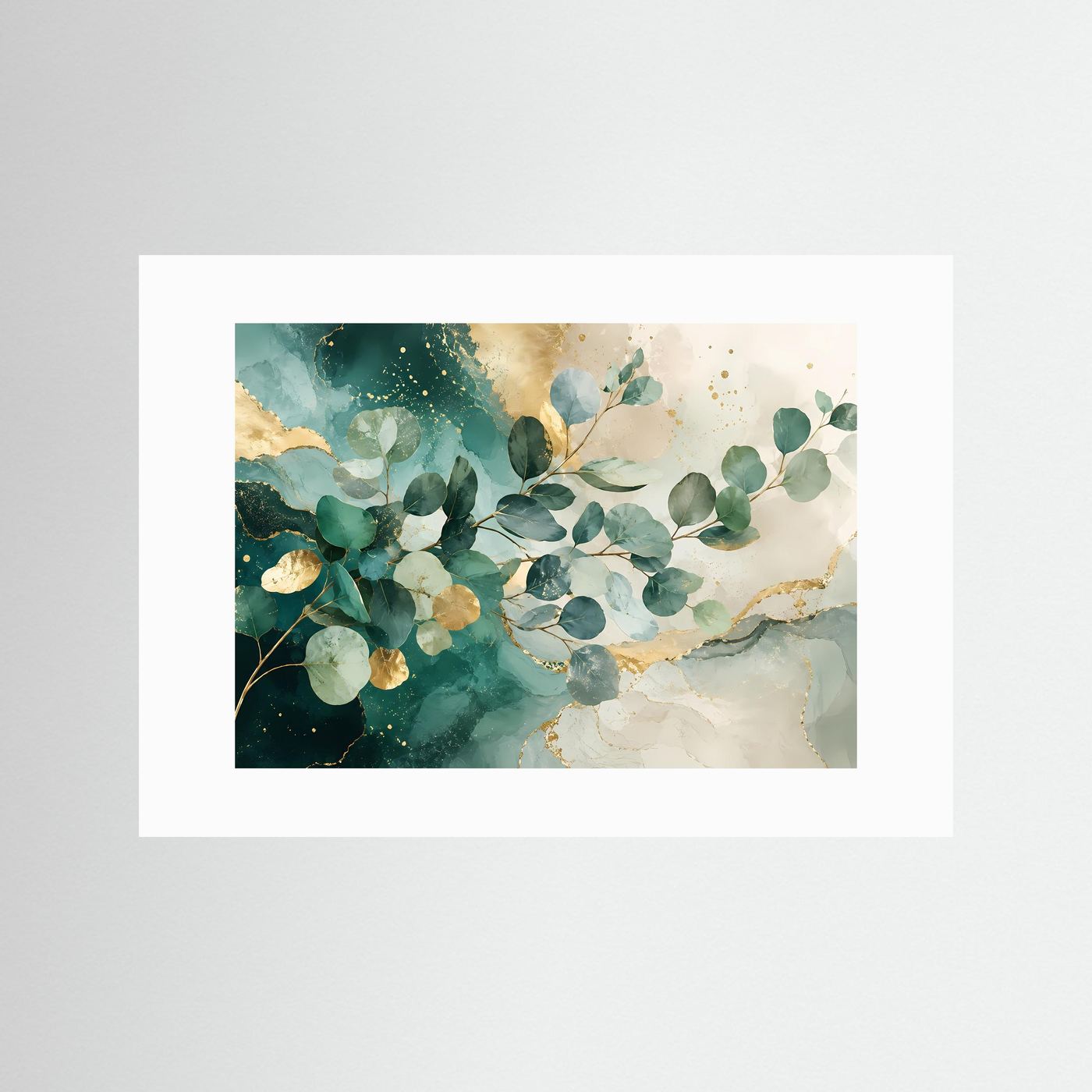 Eukalyptus Blätter Poster Querformat | Abstrakte Botanische Wandkunst in Grün & Gold | Modernes Natur Wandbild
