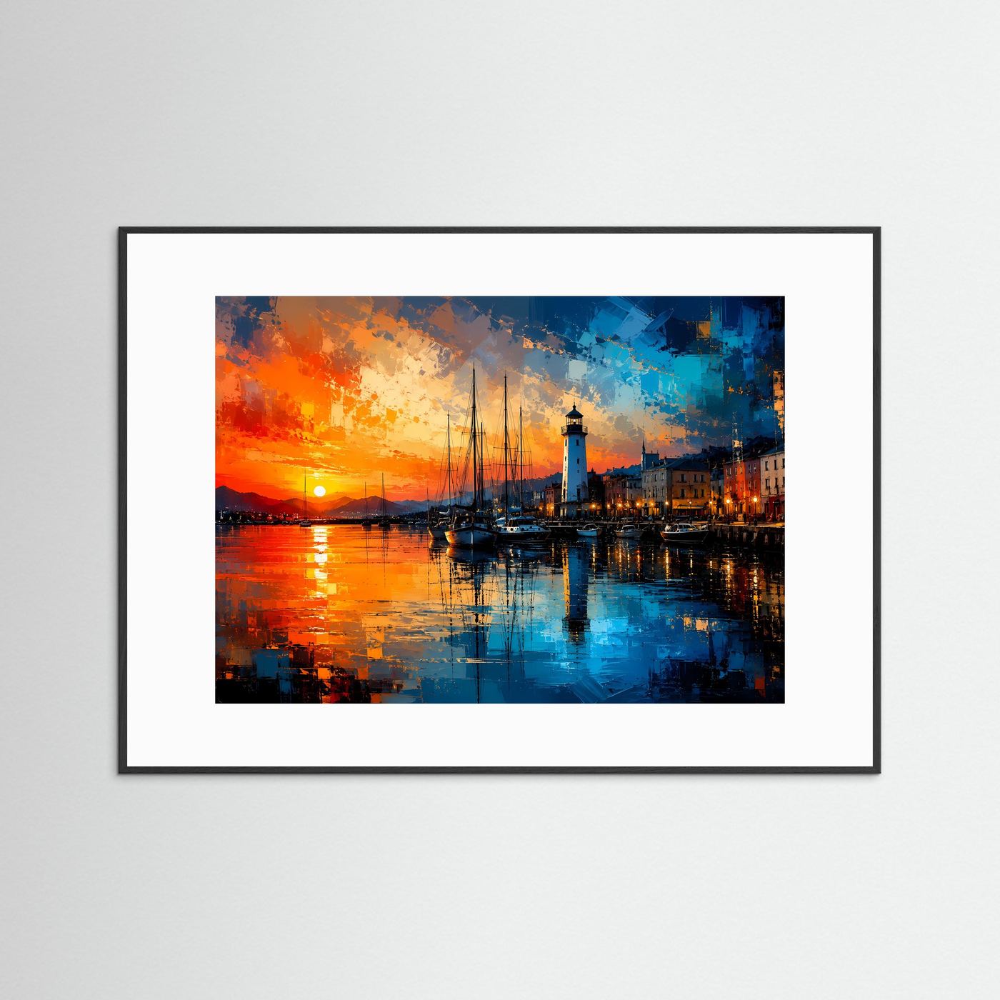 Leuchtturm am Hafen bei Sonnenuntergang | Modernes Küsten & Maritimes Poster Querformat