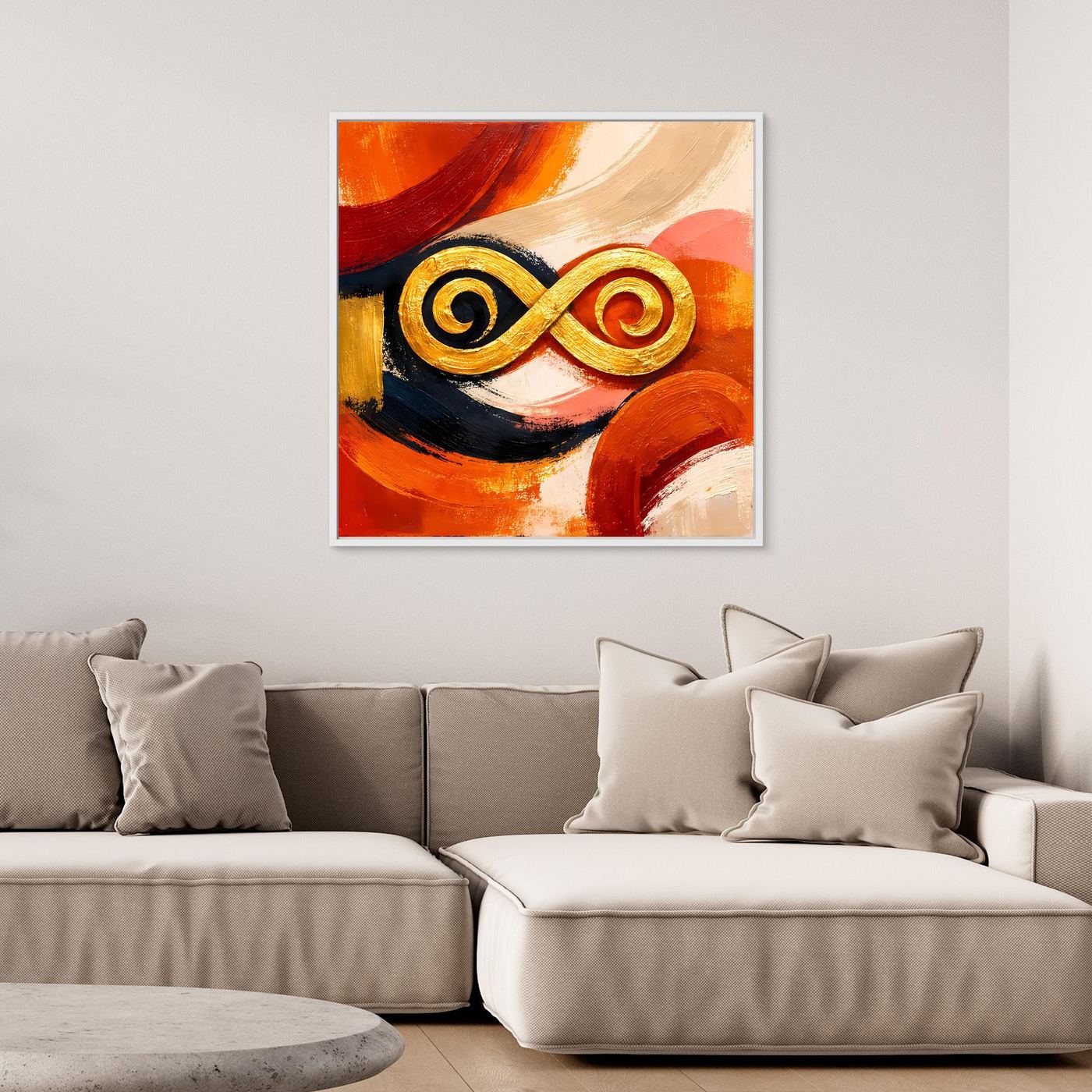Abstraktes Leinwandbild mit goldener Unendlichkeit im weißen Rahmen, warmes Orange-Rot-Motiv