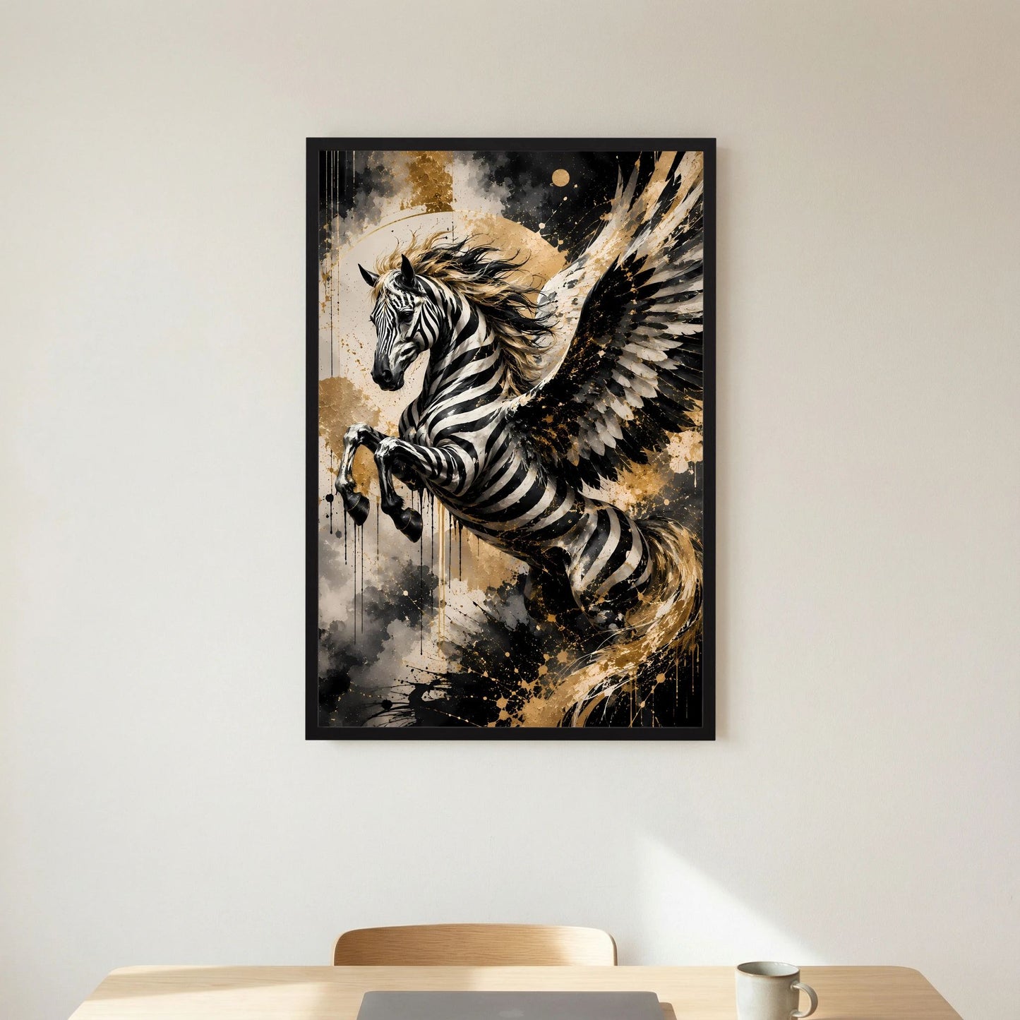 Geflügeltes Zebrapferd | Schwarz Gold abstrakte Fantasy Kunst | Poster Hochformat