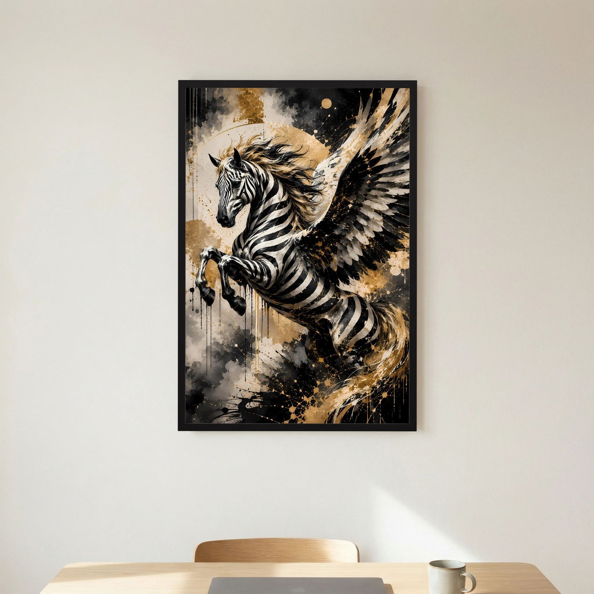 Geflügeltes Zebrapferd | Schwarz Gold abstrakte Fantasy Kunst | Poster Hochformat