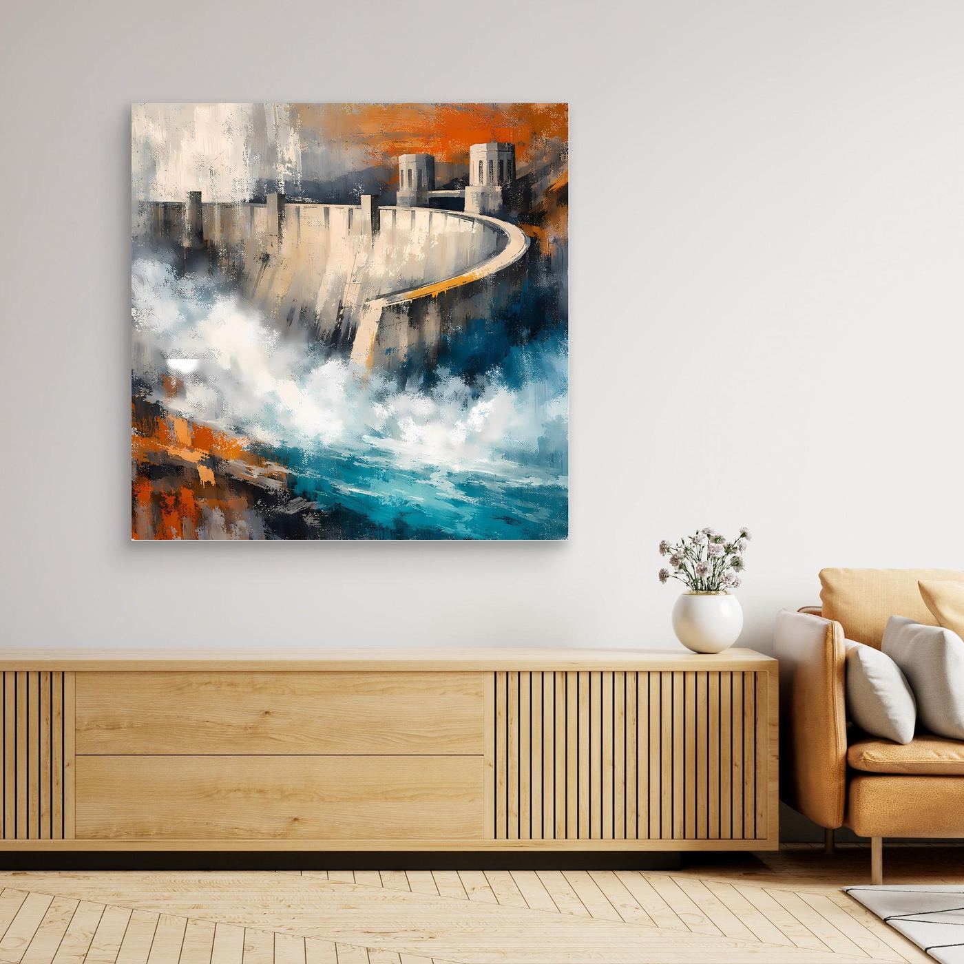 Abstraktes Wandbild auf Leinwand mit Damm-Motiv in Blau, Grau und Orange, ohne Rahmen