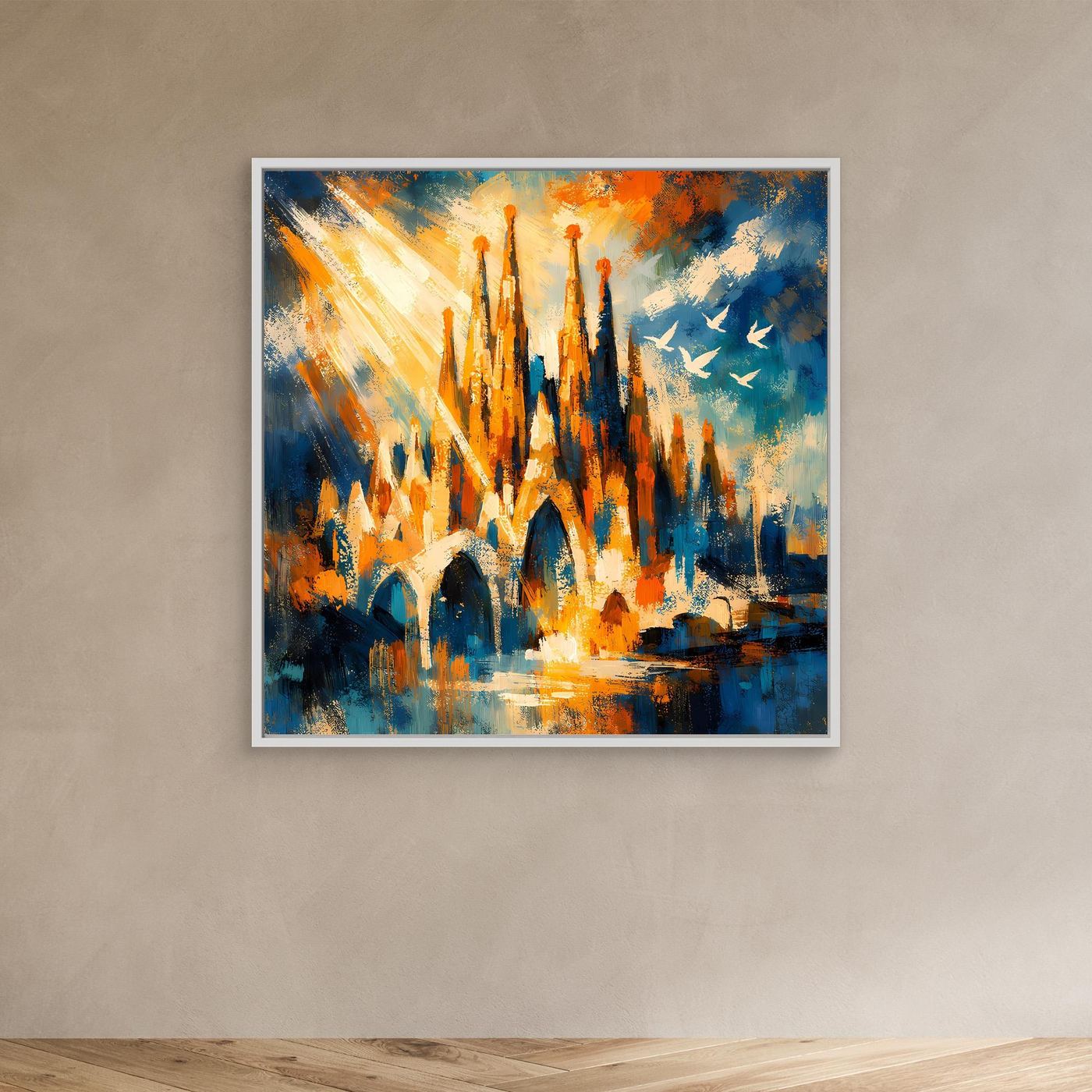Abstraktes Leinwand-Wandbild mit Türmen in Blau, Orange und Gelb, weißer Rahmen