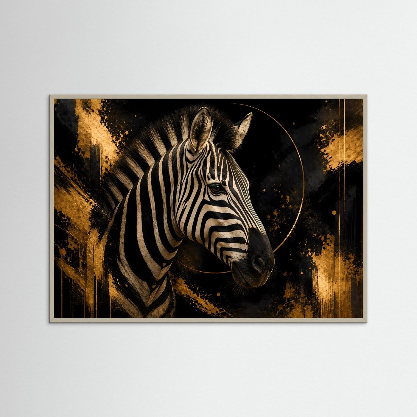 Zebraporträt in Schwarz-Gold, mit goldbraunem Rahmen und Kreisornament.