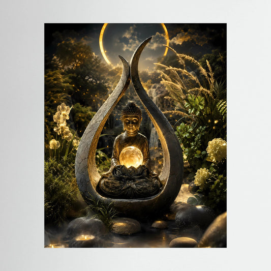 Buddha-Kunstposter: meditierende Figur in großer Tropfenform mit goldener Lichtkugel, dunkel.