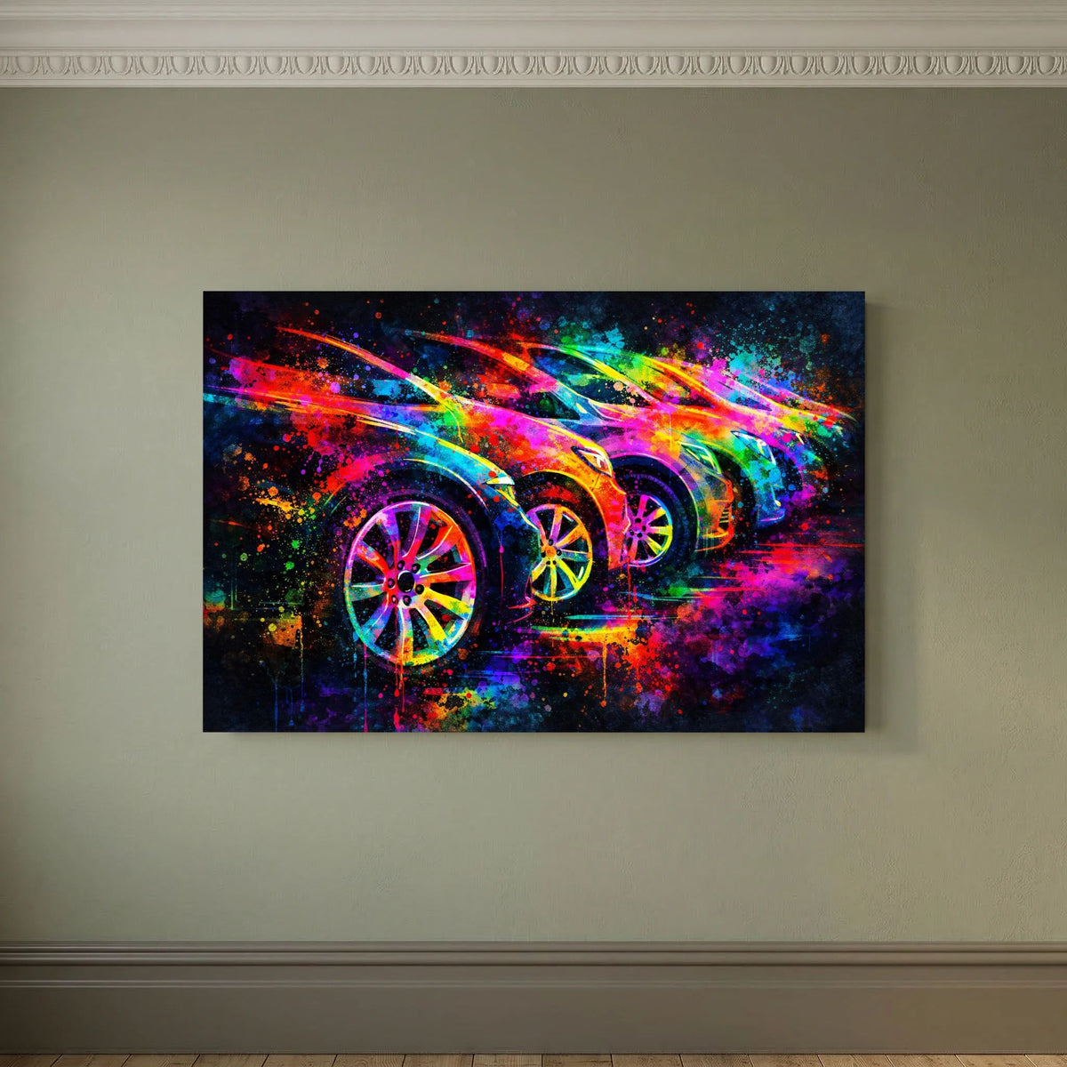 Wandposter querformat mit mehrfarbigen Sportwagen im Farbsplatter, ohne Rahmen