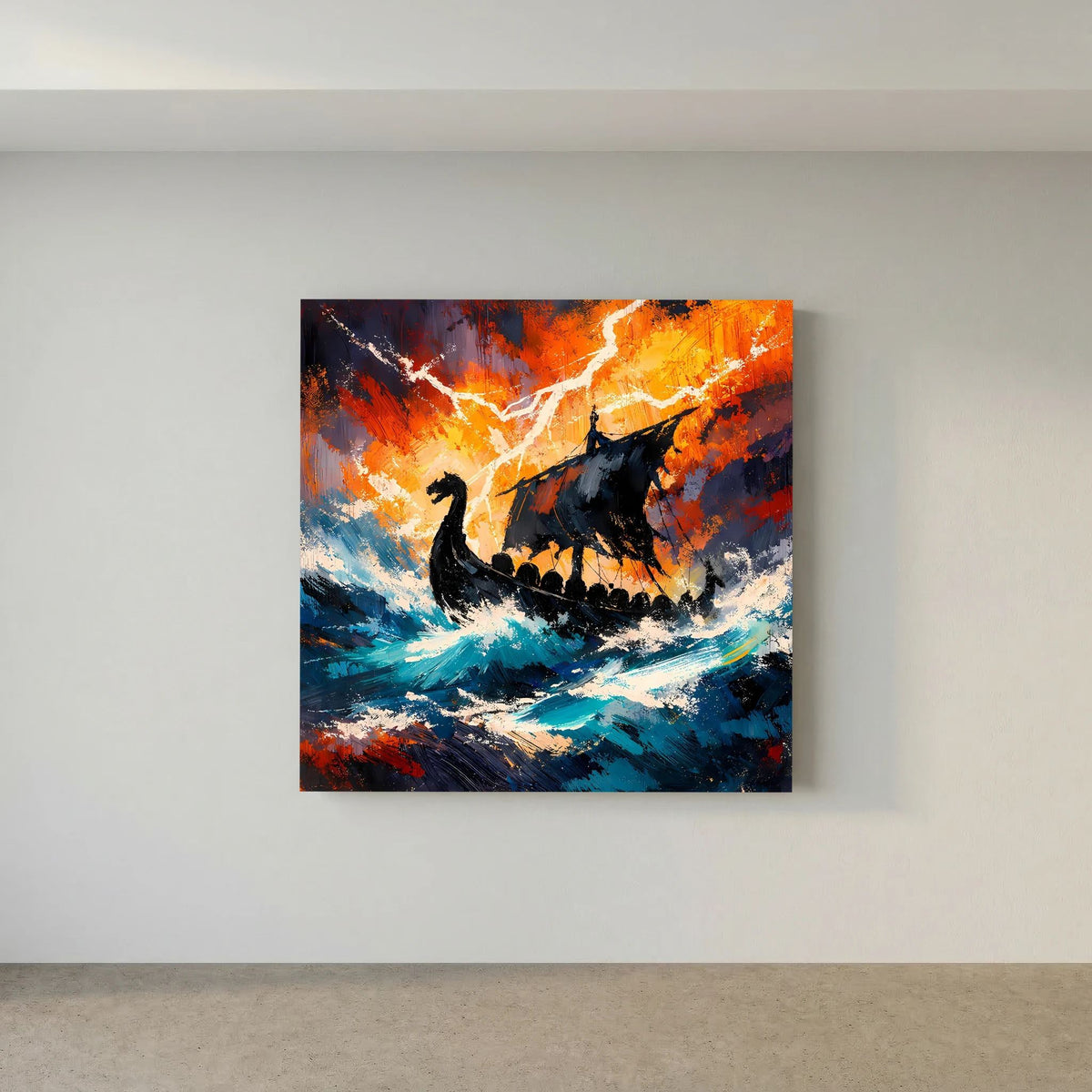 Keilrahmen-Wandbild mit Wikinger-Langschiff, Gewitterwolken und stürmischer See in Blau und Orange