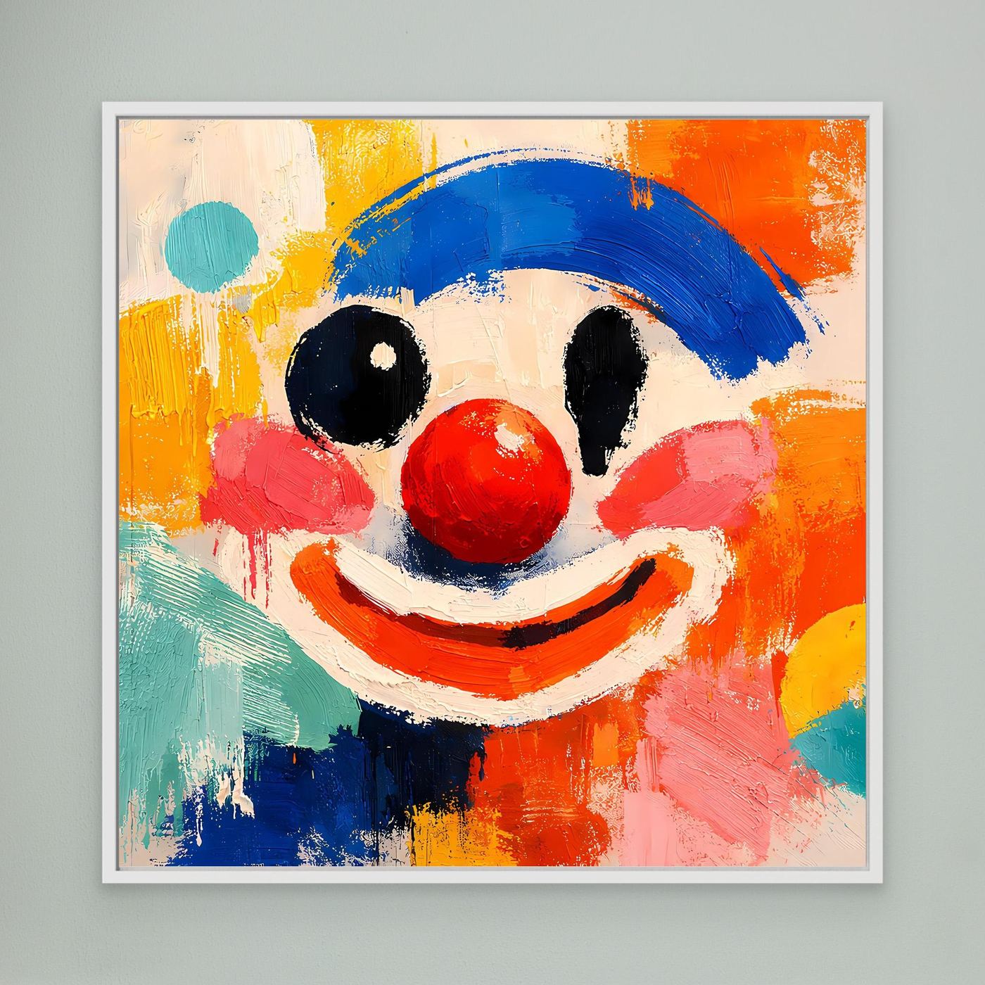 Gerahmtes Leinwand-Wandbild mit abstraktem Clown-Gesicht, blauem Hut und roten Akzenten.