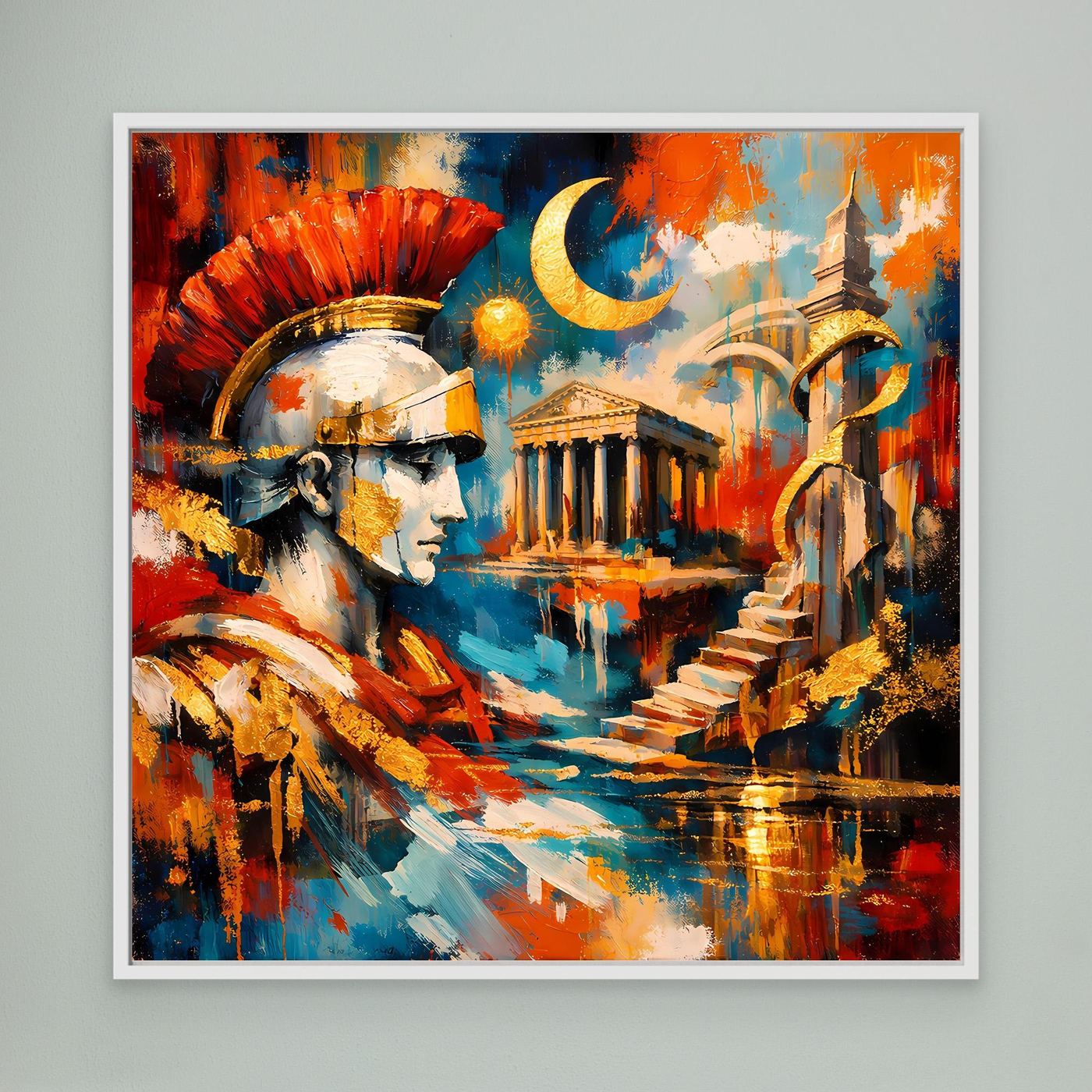 Gerahmtes Leinwandbild mit römischem Zenturio, abstraktes Motiv in Rot, Blau und Gold
