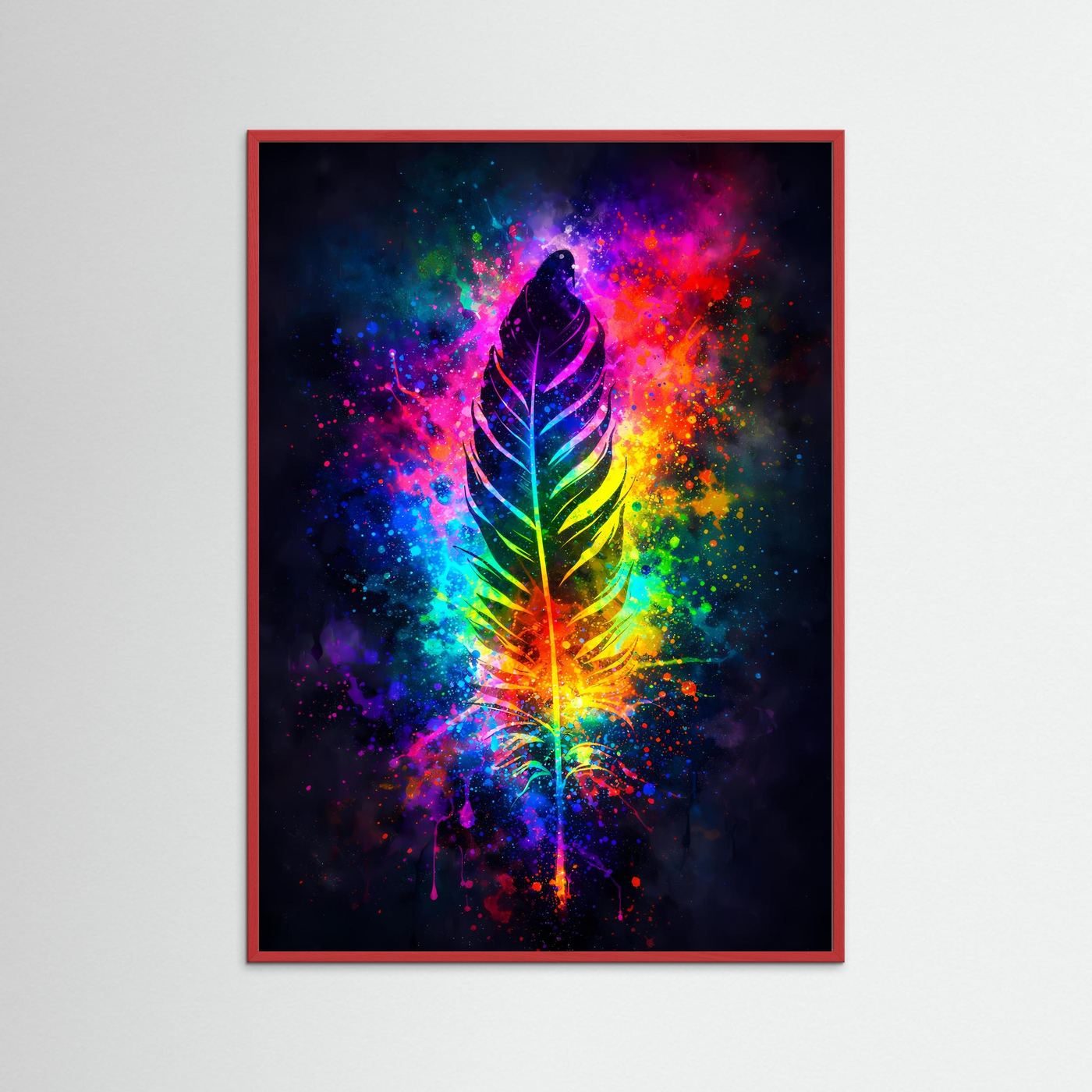 Wandbild mit Regenbogen-Feder im Kosmos, roter Holzrahmen