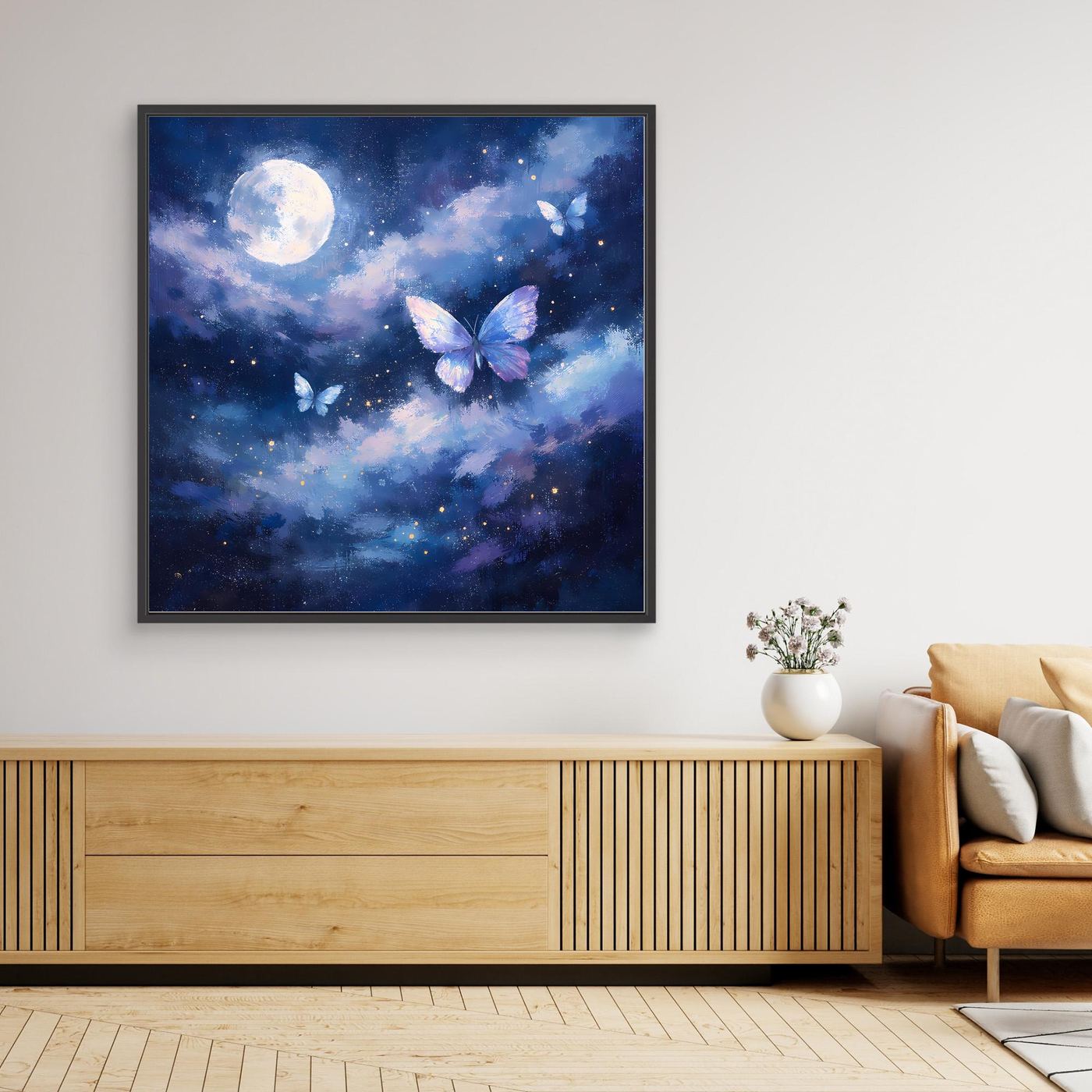 Gerahmtes Leinwandbild mit Vollmond und violetten Schmetterlingen, dunkler Rahmen, Blau