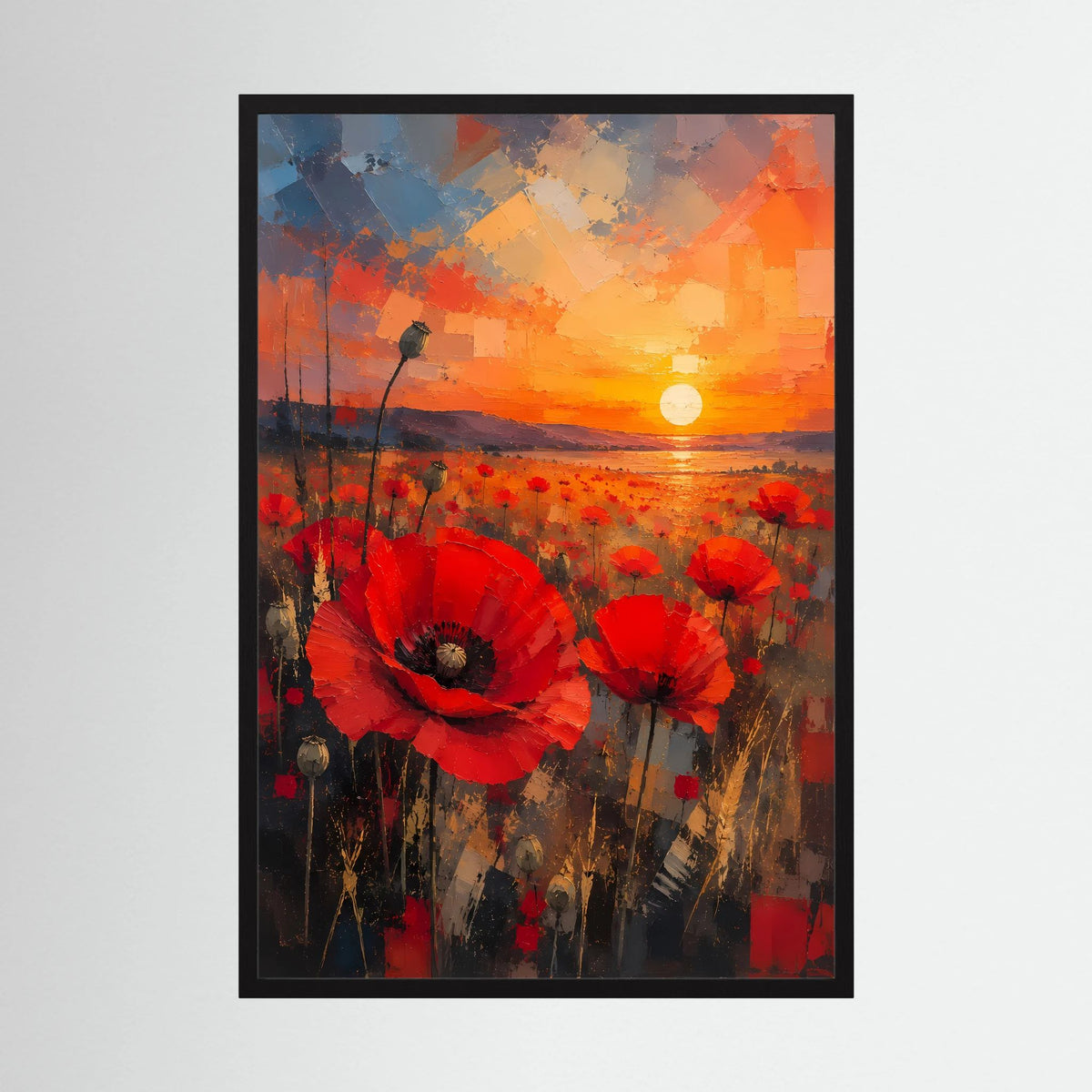 Hochformat-Poster mit roten Mohnblumen und orangefarbenem Sonnenuntergang, im schwarzen Rahmen