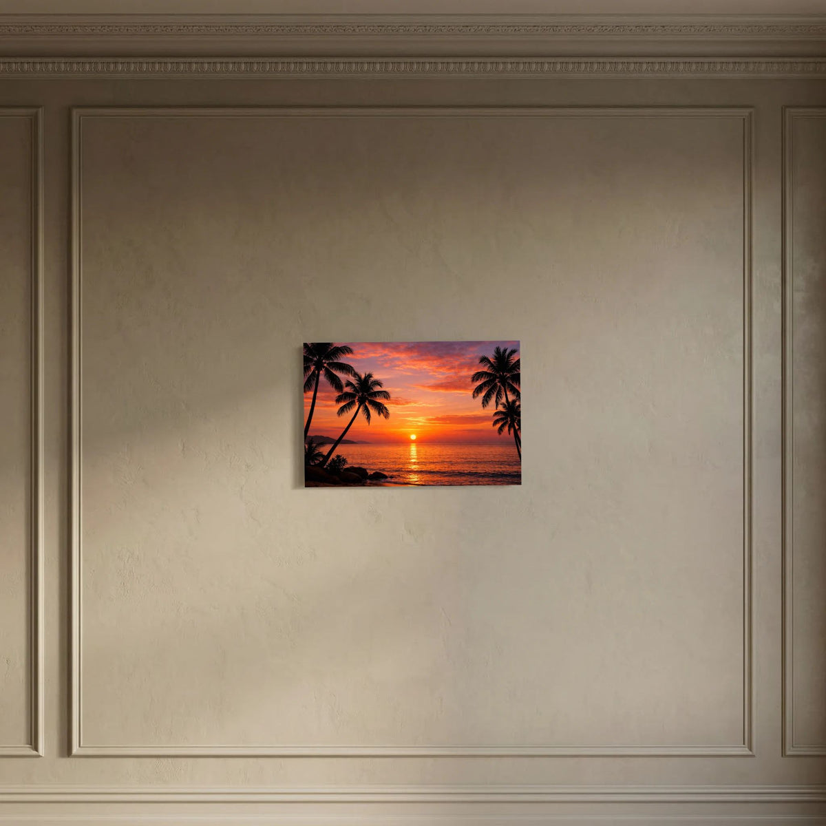 Wandbild im Querformat mit tropischem Sonnenuntergang und Palmen-Silhouetten