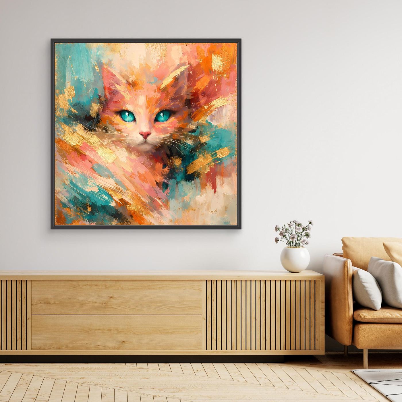 Leinwandbild abstrakte Katzen-Gesichtsmalerei mit türkisfarbenen Augen, farbig, schwarzer Rahmen