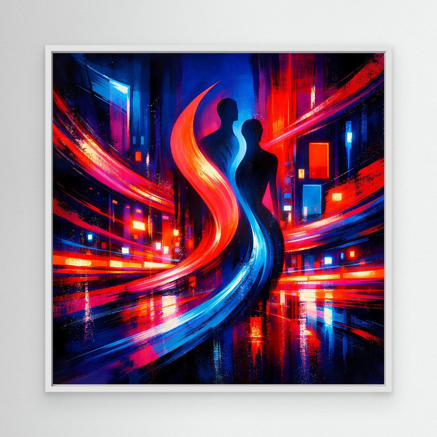 Abstraktes Leinwand-Wandbild mit weißem Rahmen, Neon-City-Licht und Paar-Silhouette