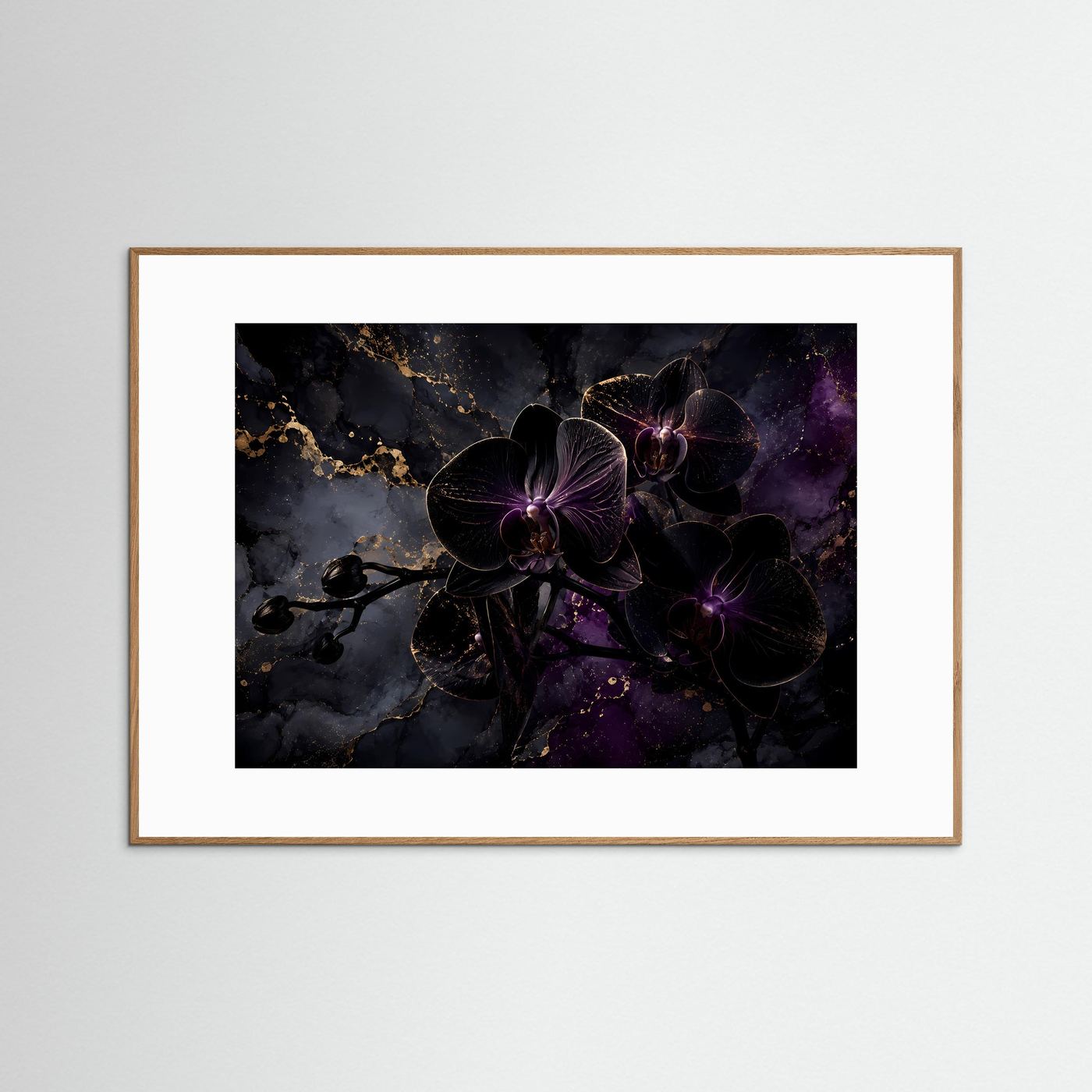 Schwarze Orchideen in Gold & Violett | Luxuriöses Florales Wandbild Querformat
