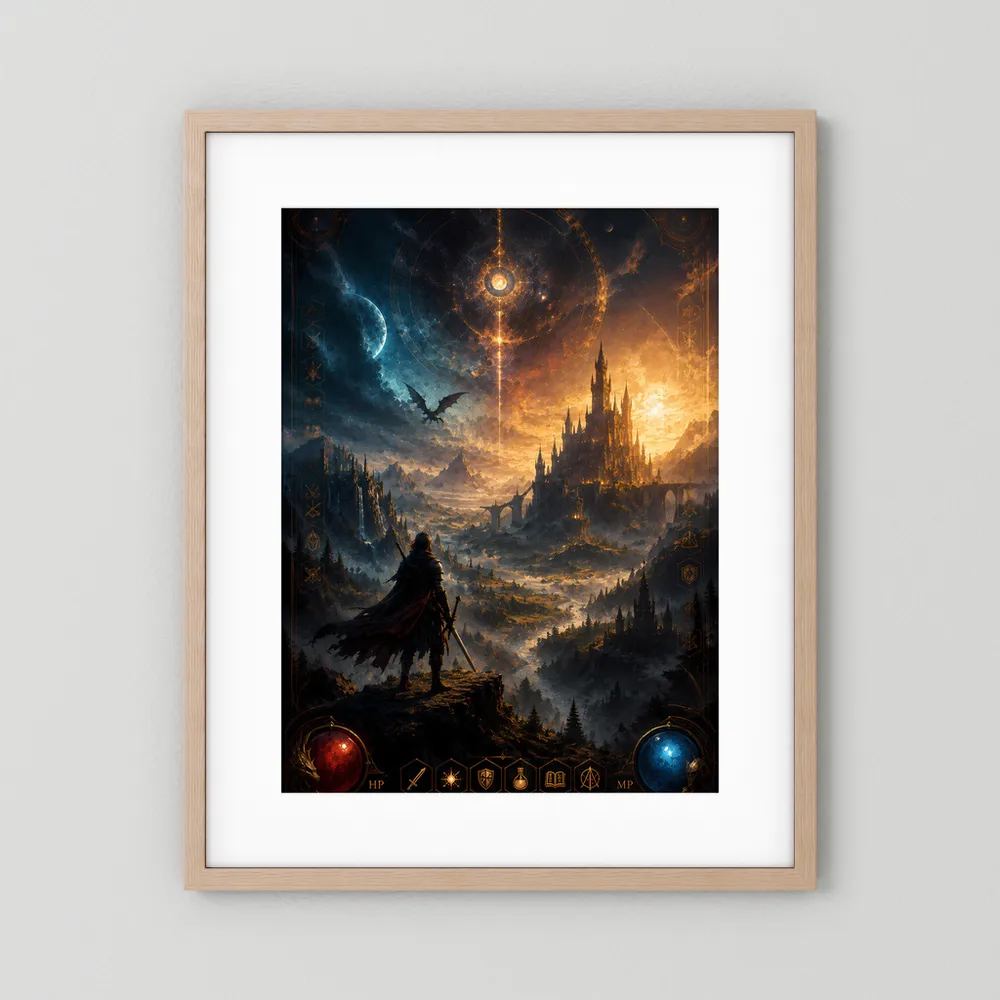 Magisches Burg-Kunstposter im Hochformat mit Krieger und Drachen, naturfarbenes Holzrahmen