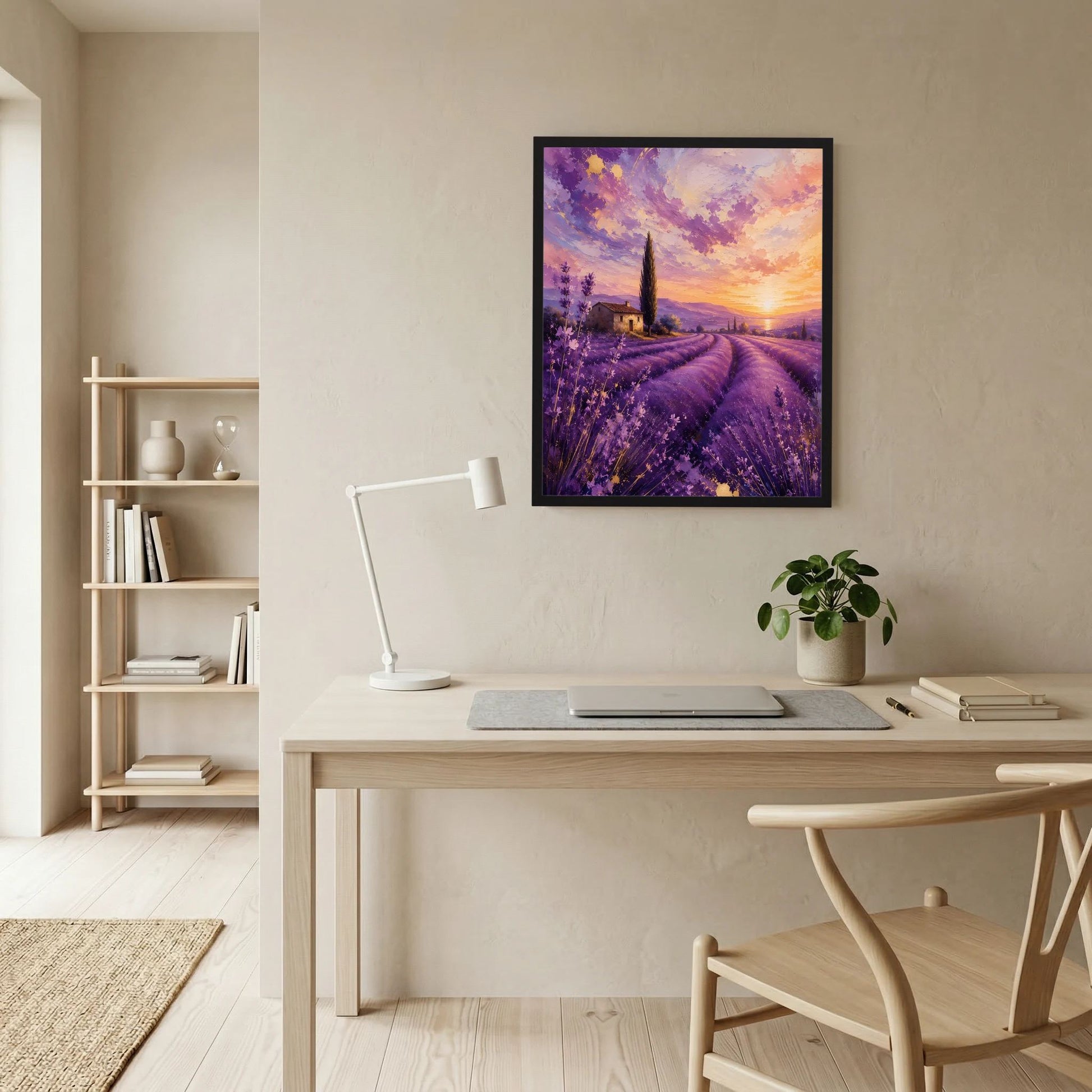 Gerahmtes Poster mit Lavendelfeld-Szene und Sonnenuntergang im lila-goldenen Farbton.