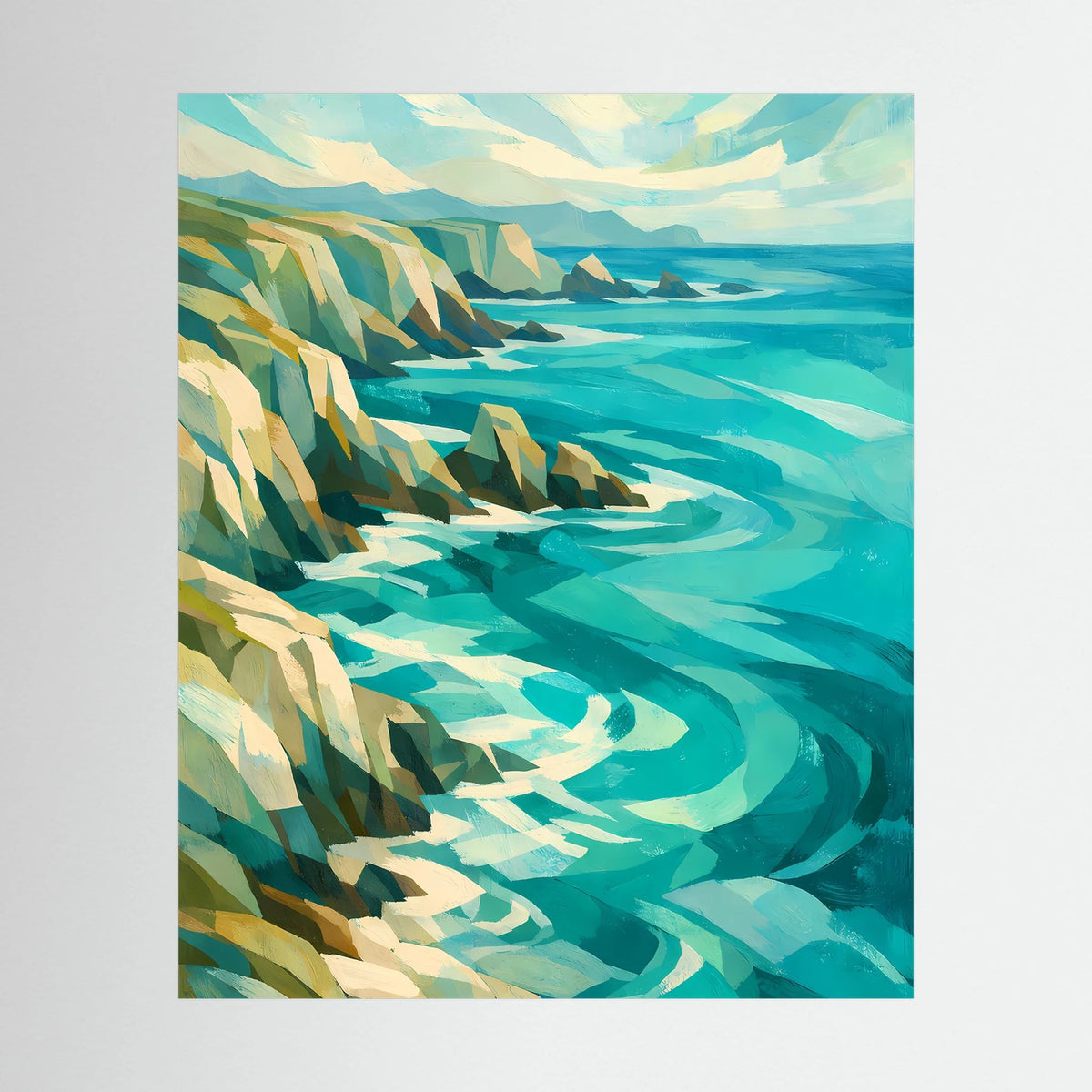 Abstraktes Meereslandschafts-Poster im Hochformat mit türkisfarbenem Wasser und Felsen