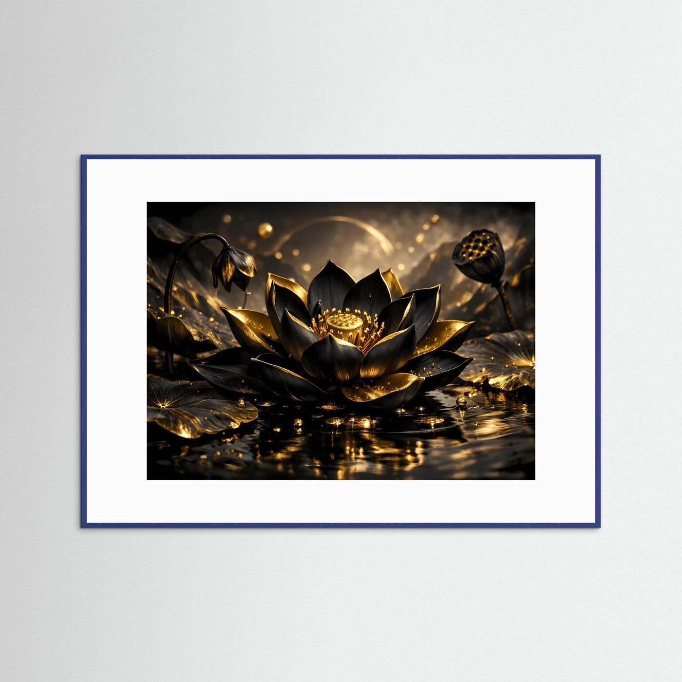 Wandbild mit Lotusblüte in Schwarz und Gold, blau gerahmt mit weißem Passepartout