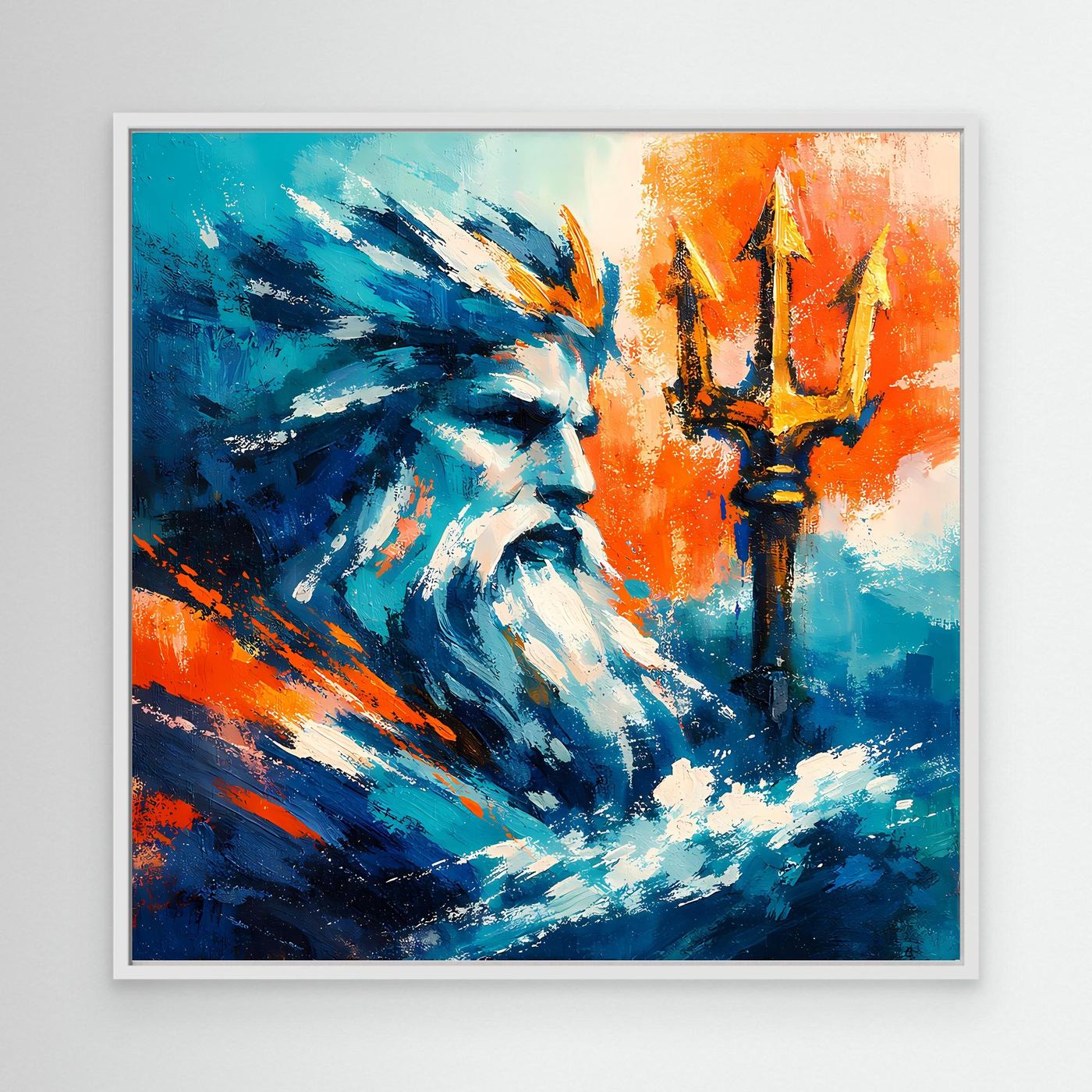 Abstract wall canvas with white frame, blue bearded figure on orange backdrop