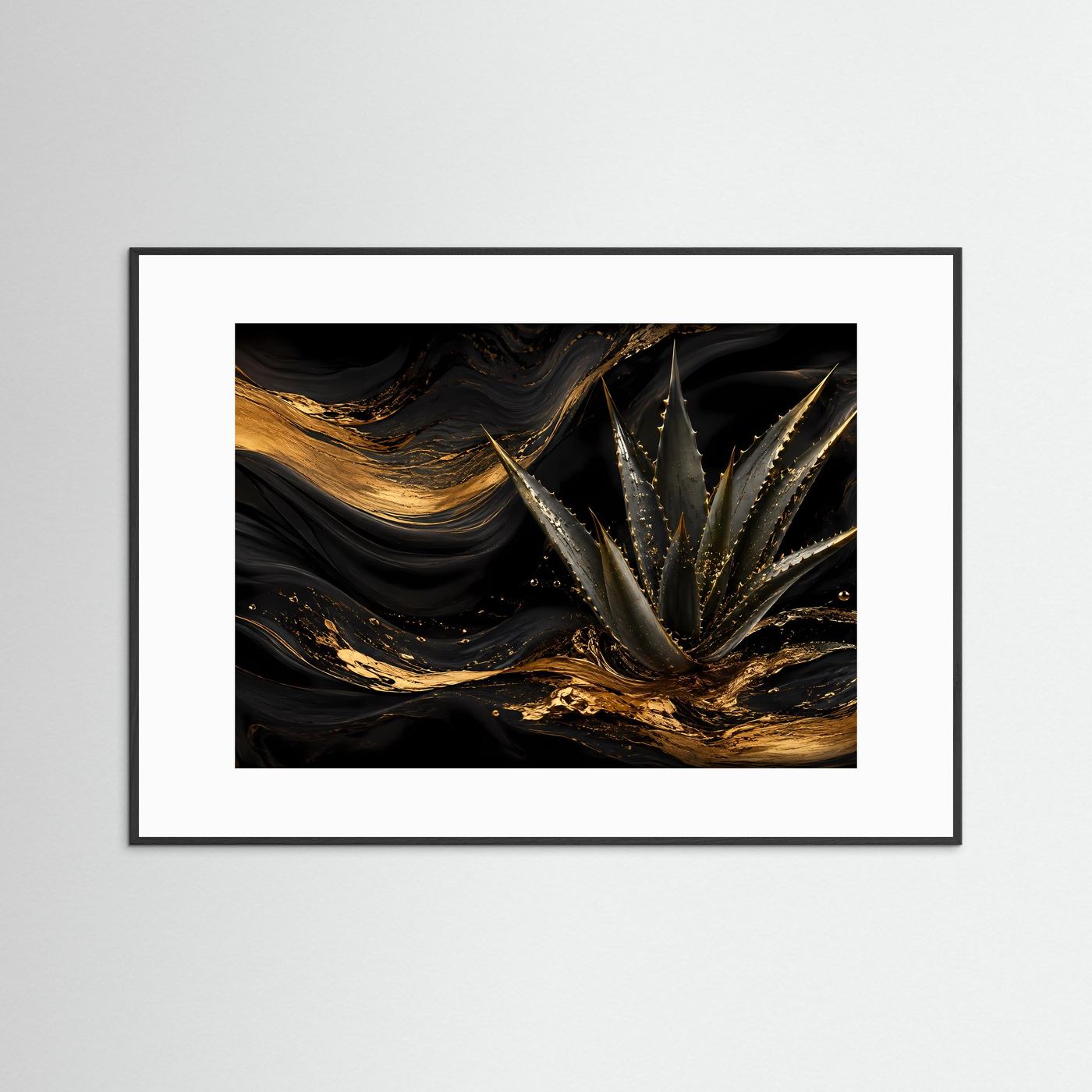 Querformat-Poster mit abstrakter Aloe in Schwarz und Gold, weißer Rand und schwarzer Rahmen
