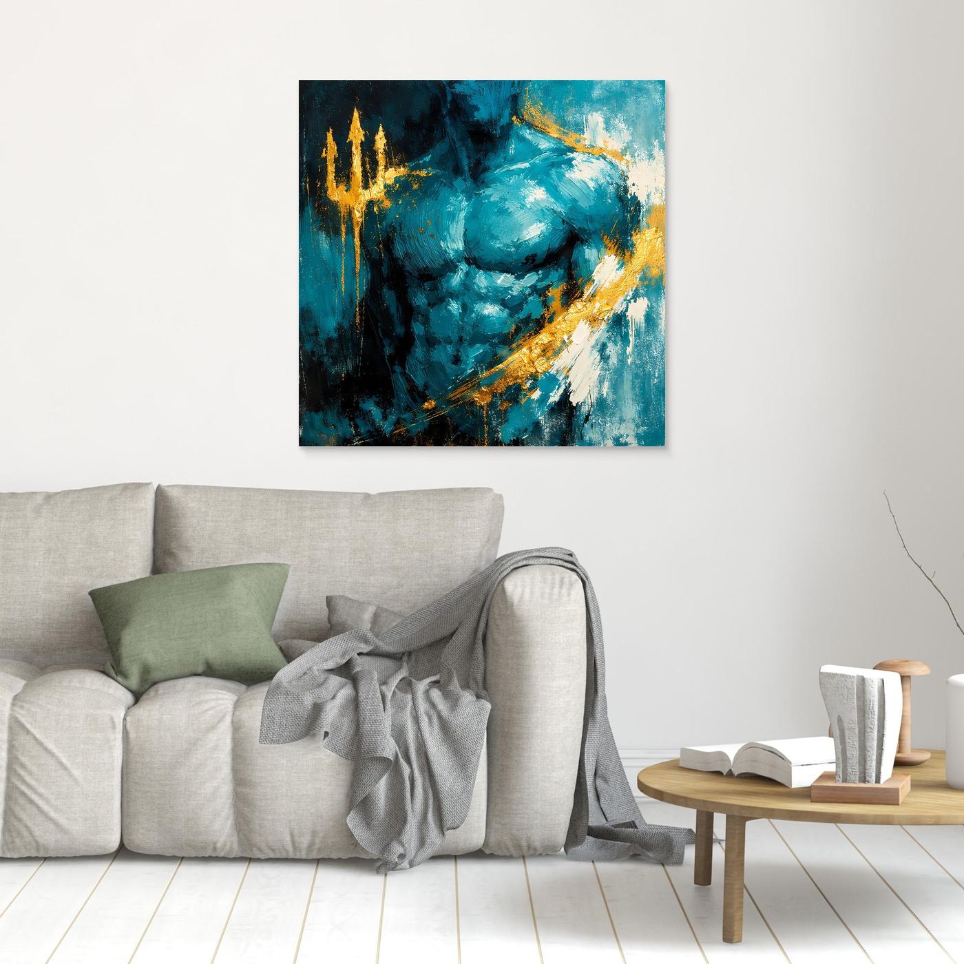 Leinwand Kraftvoller Poseidon in Türkis | Abstraktes Meeresgott Wandbild Gold