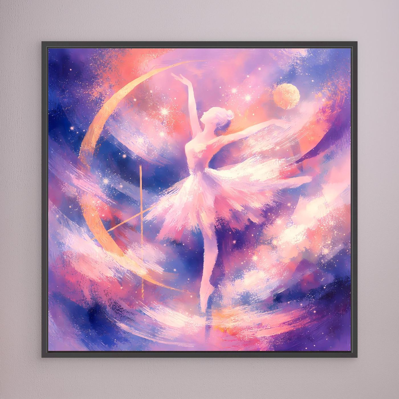 Leinwandbild mit Ballerina im Flügel-Design, schwarz gerahmt, pastelliges Sternenmotiv