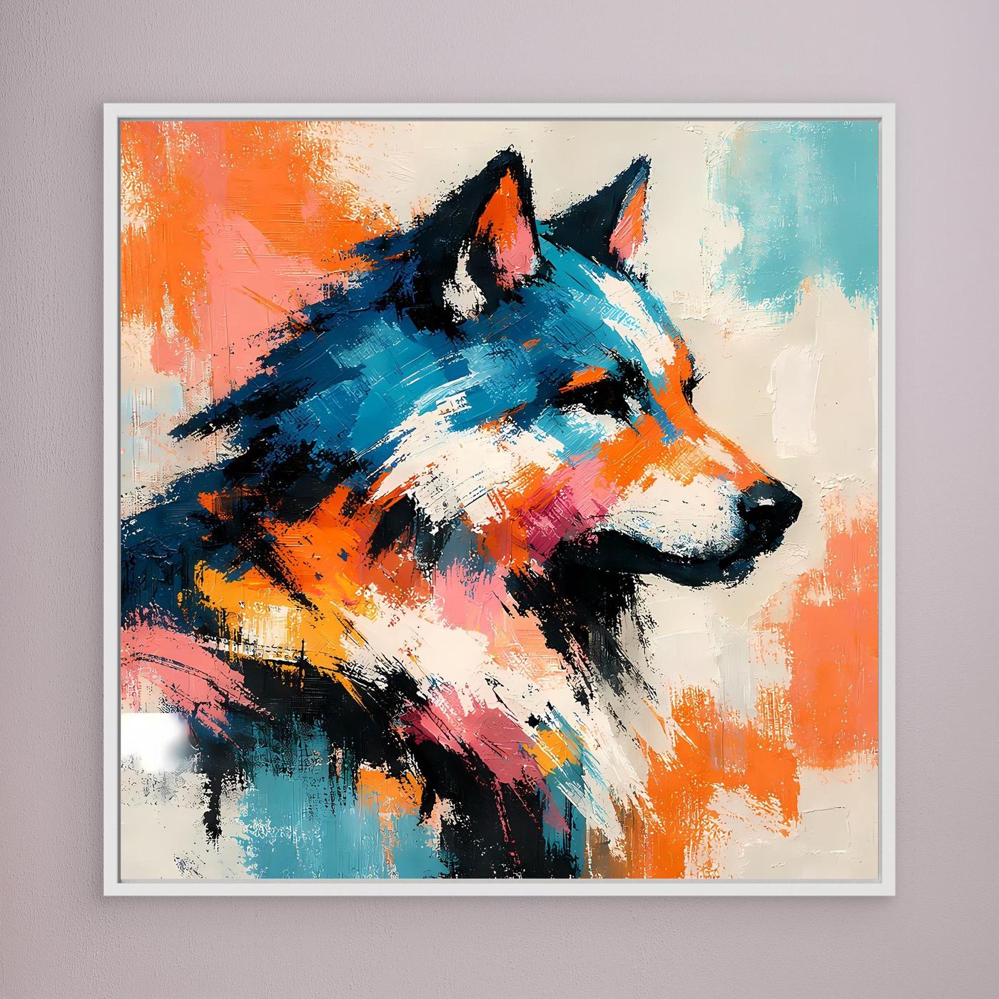 Abstrakte Wolf-Leinwand, blau-schwarz mit orangefarbenen Spritzern, hellgrau gerahmt