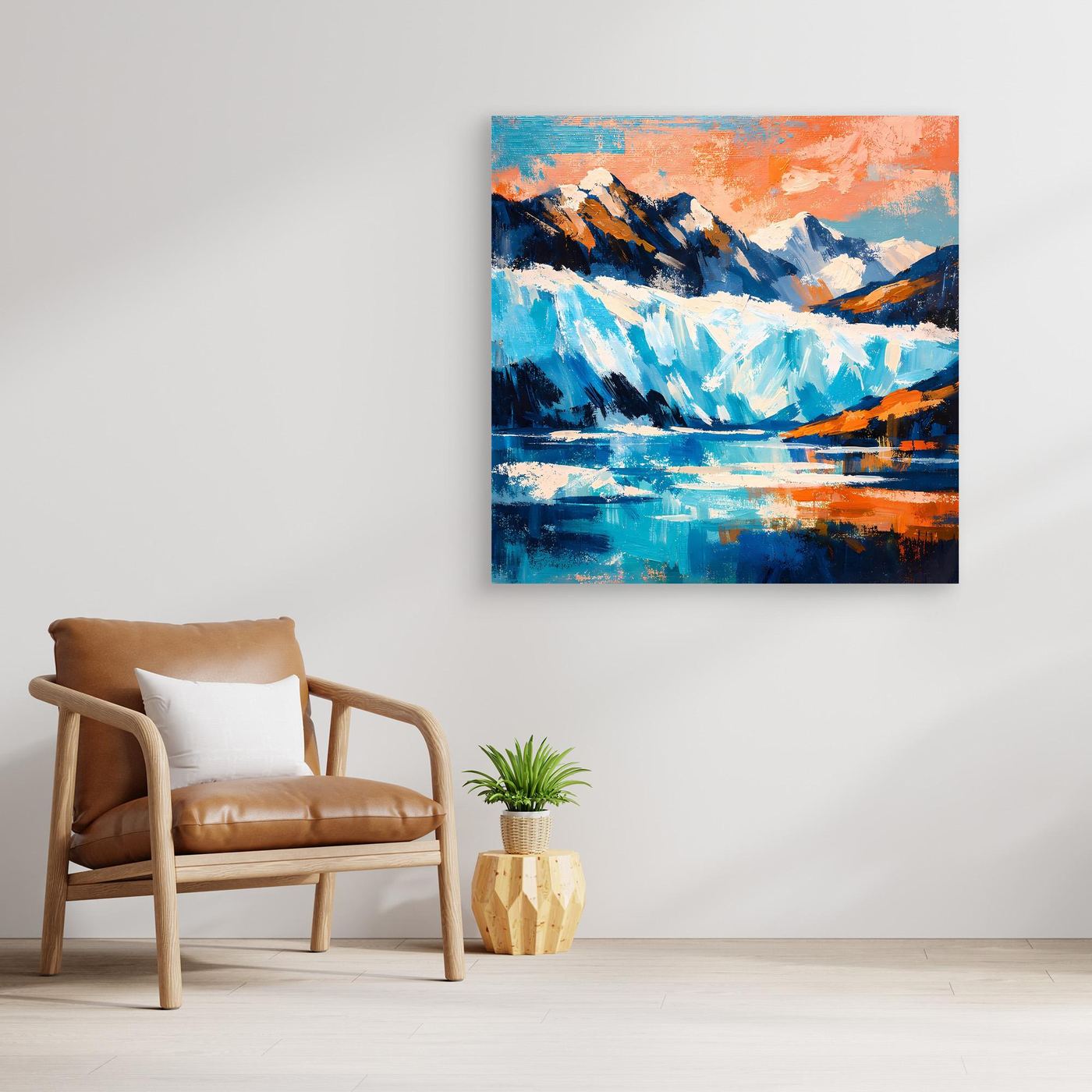 Ungefasstes Leinwand-Wandbild mit abstraktem Gletscher, Bergen und türkisblauem See.