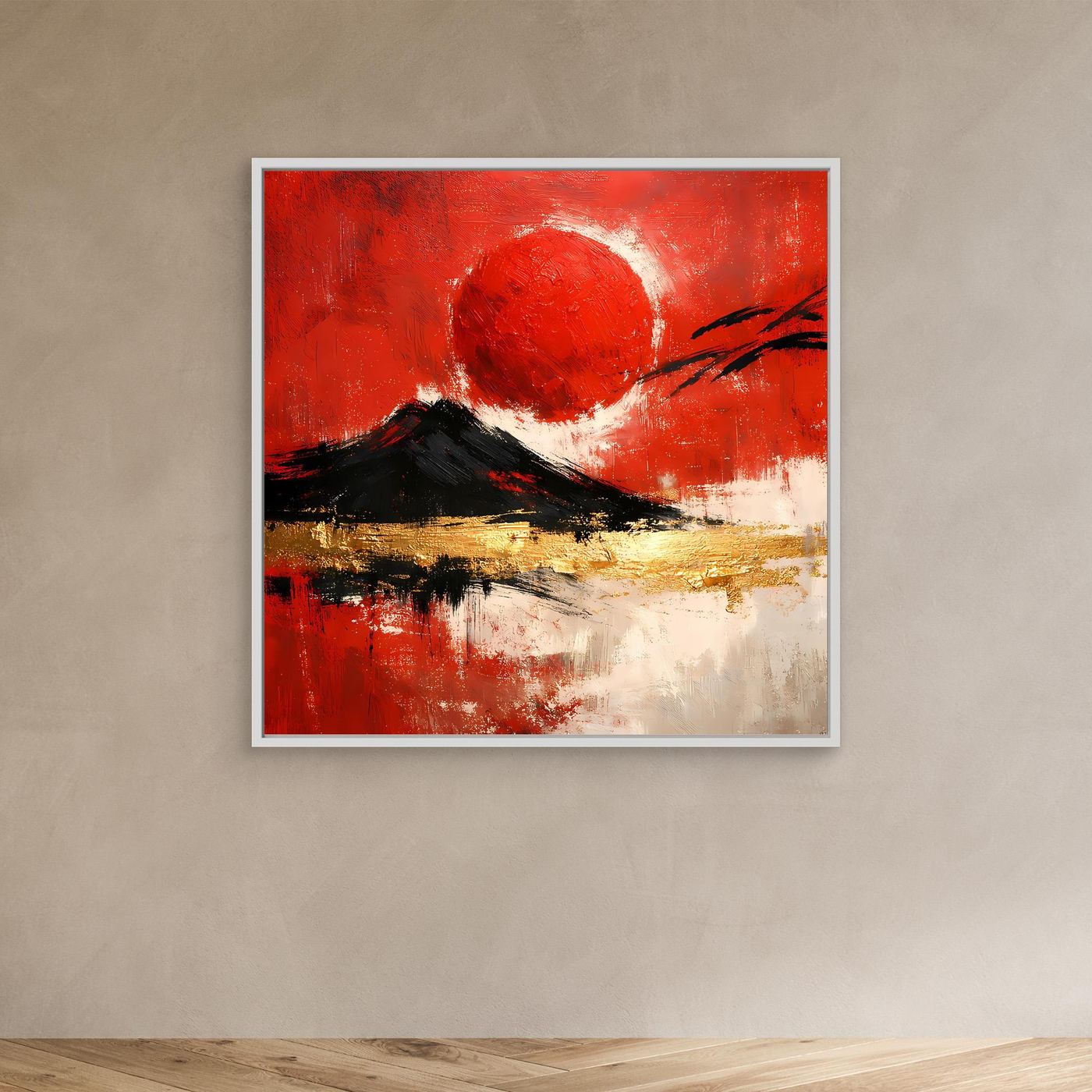 Leinwand Abstraktes Japan Wandbild in Rot und Gold | Modernes Fuji & Rote Sonne Gemälde