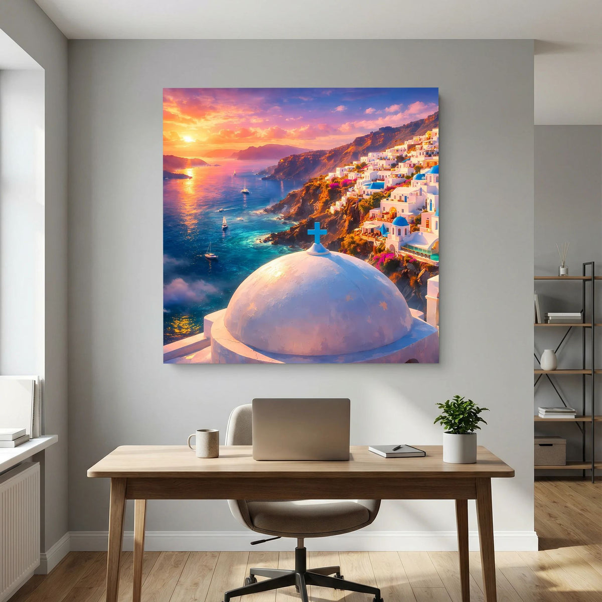 Leinwandbild mit Küstenlandschaft: weiße Kuppelkirche mit Kreuz bei Sonnenuntergang