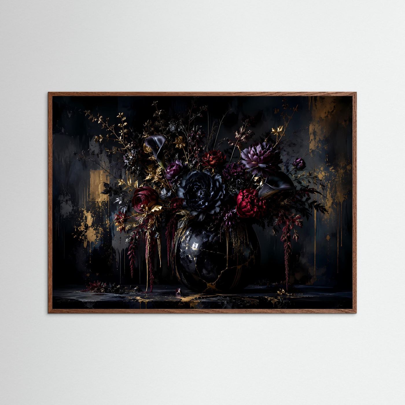 Dunkles Blumenarrangement in Gold & Schwarz | Luxuriöses Florales Wandbild Querformat