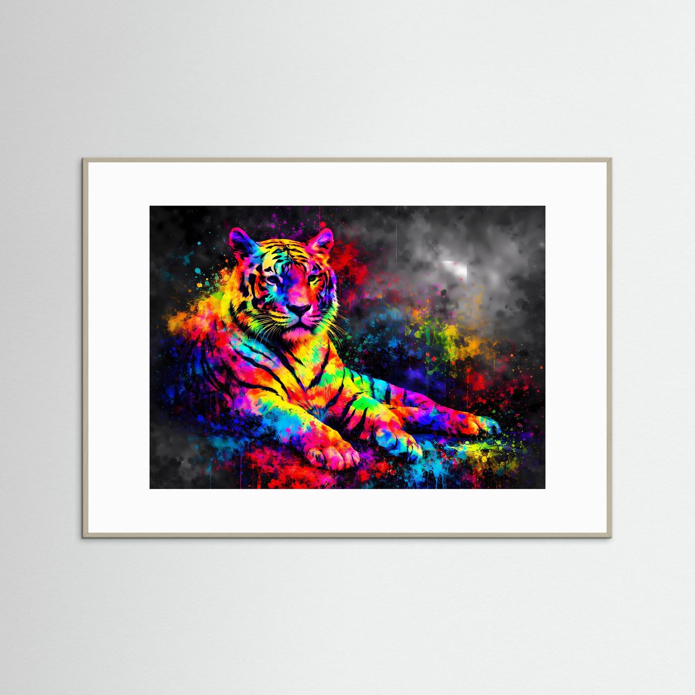 Tiger-Graffiti-Kunstposter (Querformat) mit Neon-Tiger im grauen Holzrahmen