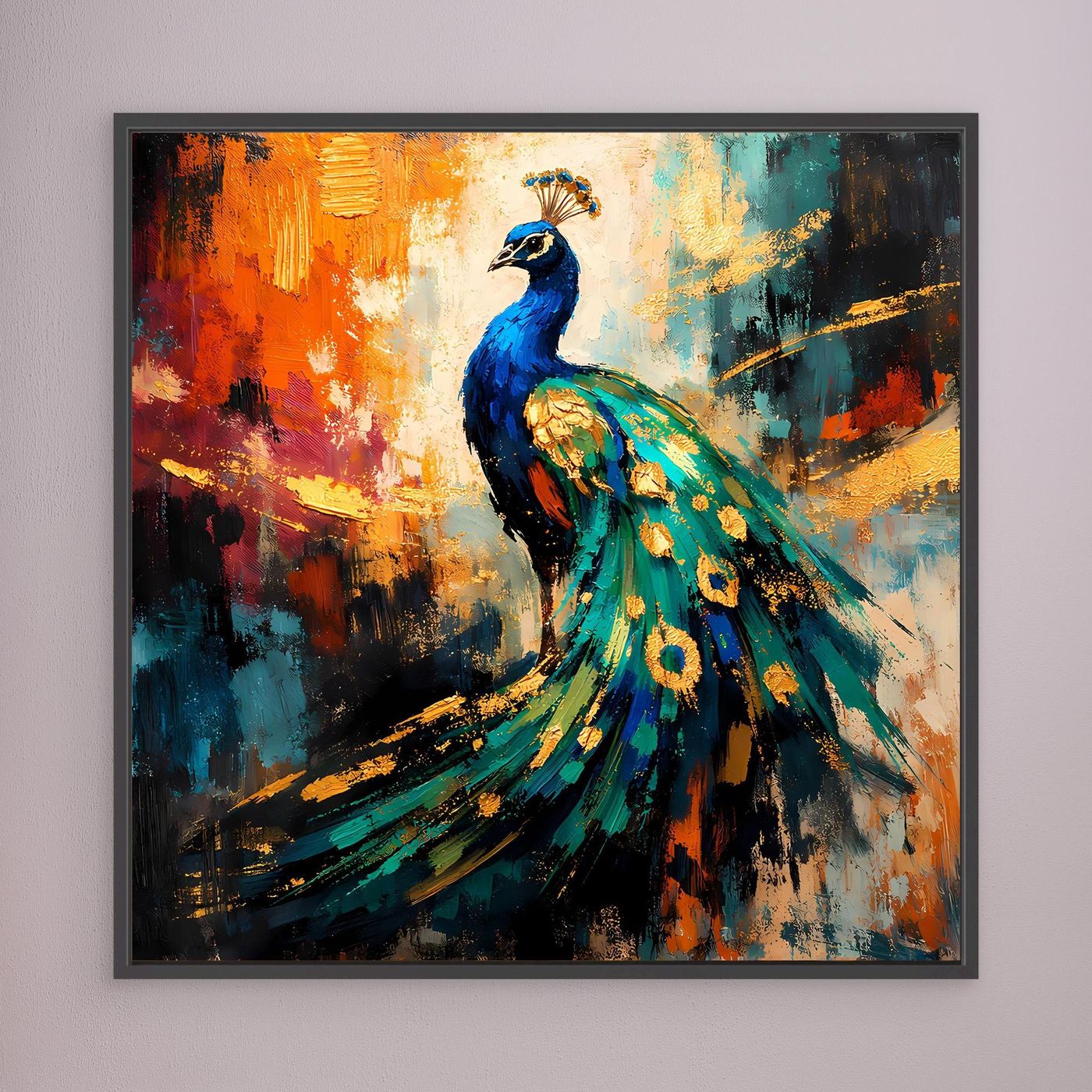 Leinwandbild mit leuchtendem Pfau-Motiv, schwarzer Rahmen