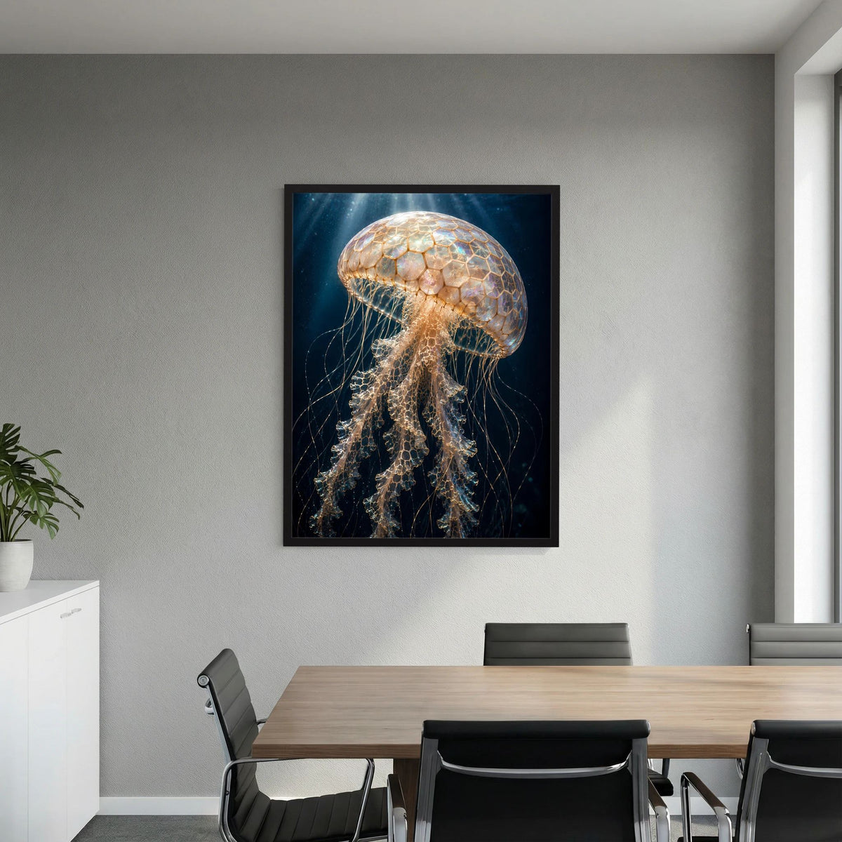 Gerahmtes Poster mit goldener Qualle auf dunklem Hintergrund im Schwarzrahmen