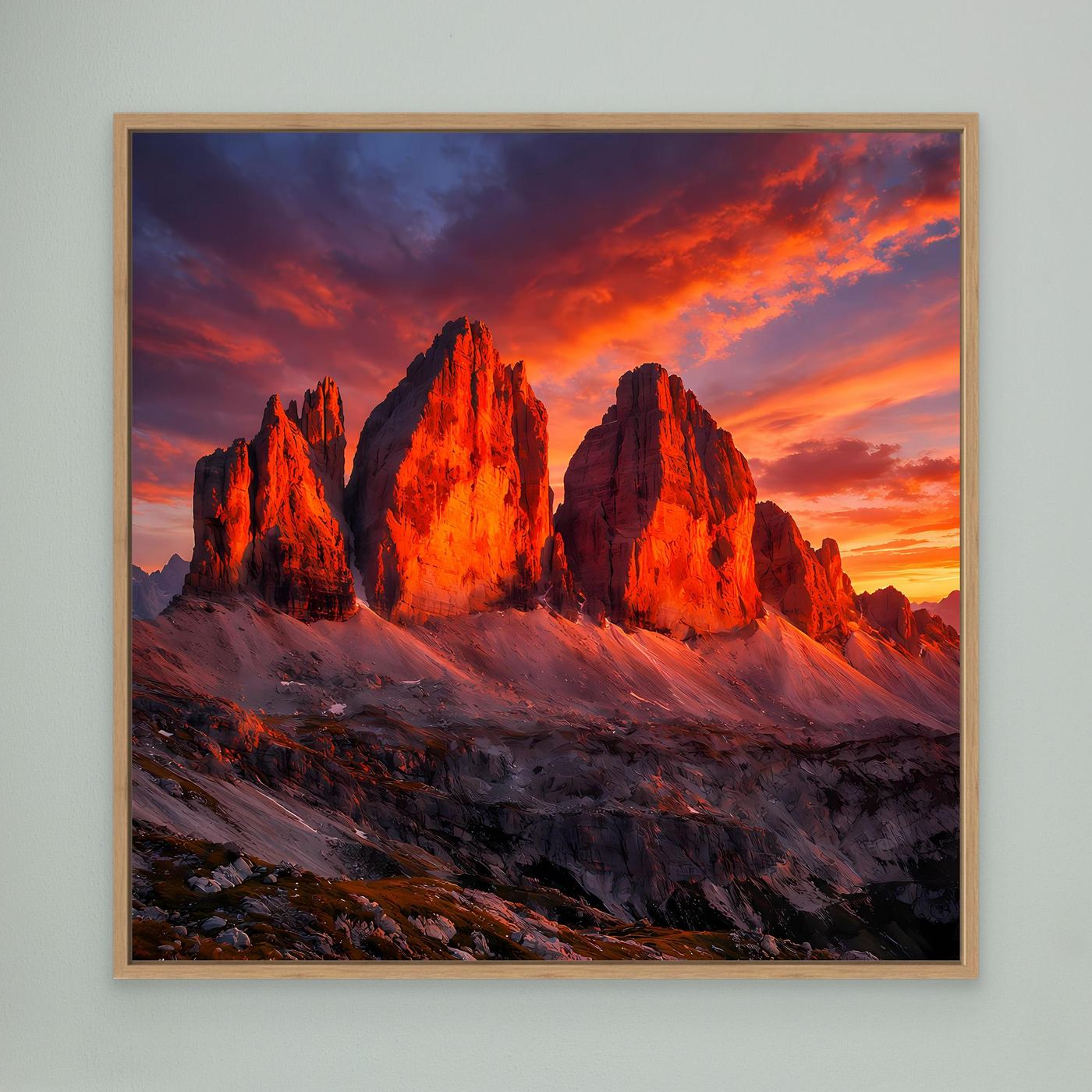 Leinwandbild „Drei Zinnen“ mit orangefarbenem Himmel, gerahmt in hellem Holz