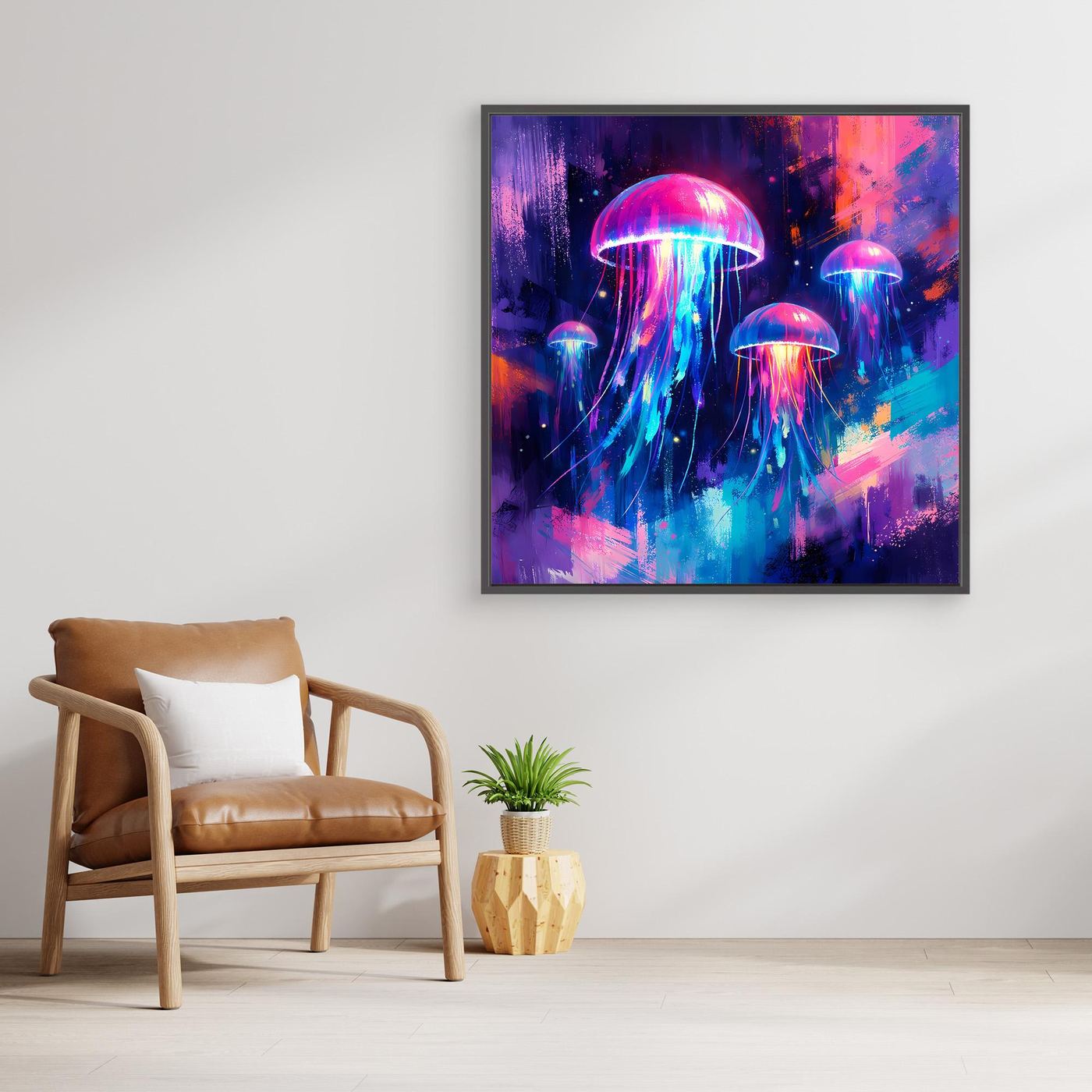 Leinwand Magische Leuchtquallen im Tiefsee-Ozean | Abstraktes Neon Wandbild