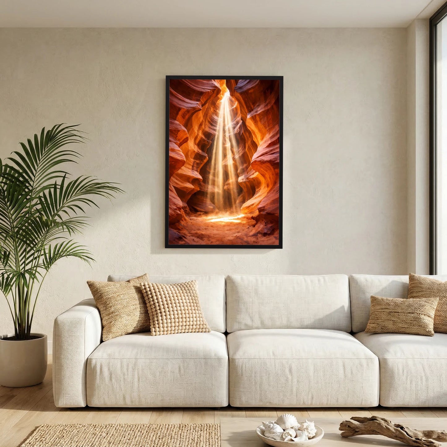 Canyon-Poster im Hochformat mit leuchtendem Strudel in Orange und Gold, schwarzer Rahmen