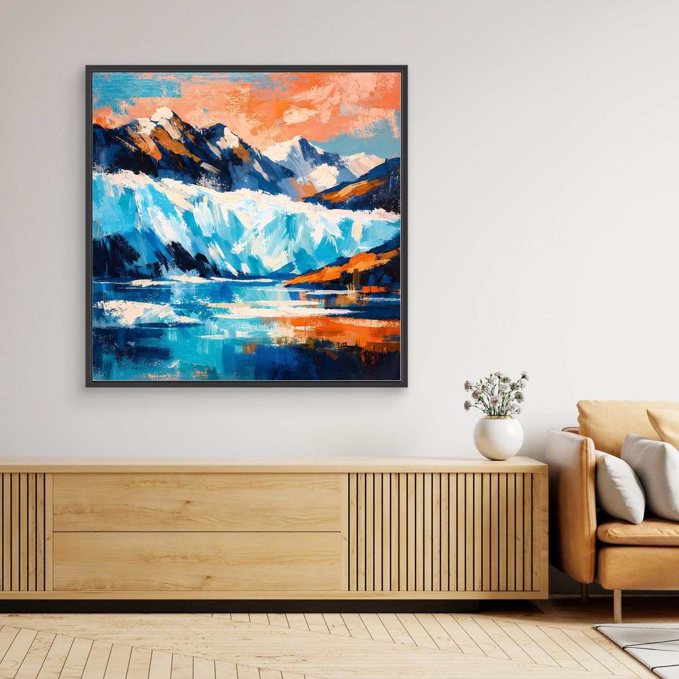 Abstraktes Leinwand-Wandbild mit blauem Gletscher und Bergen, schwarzer Rahmen