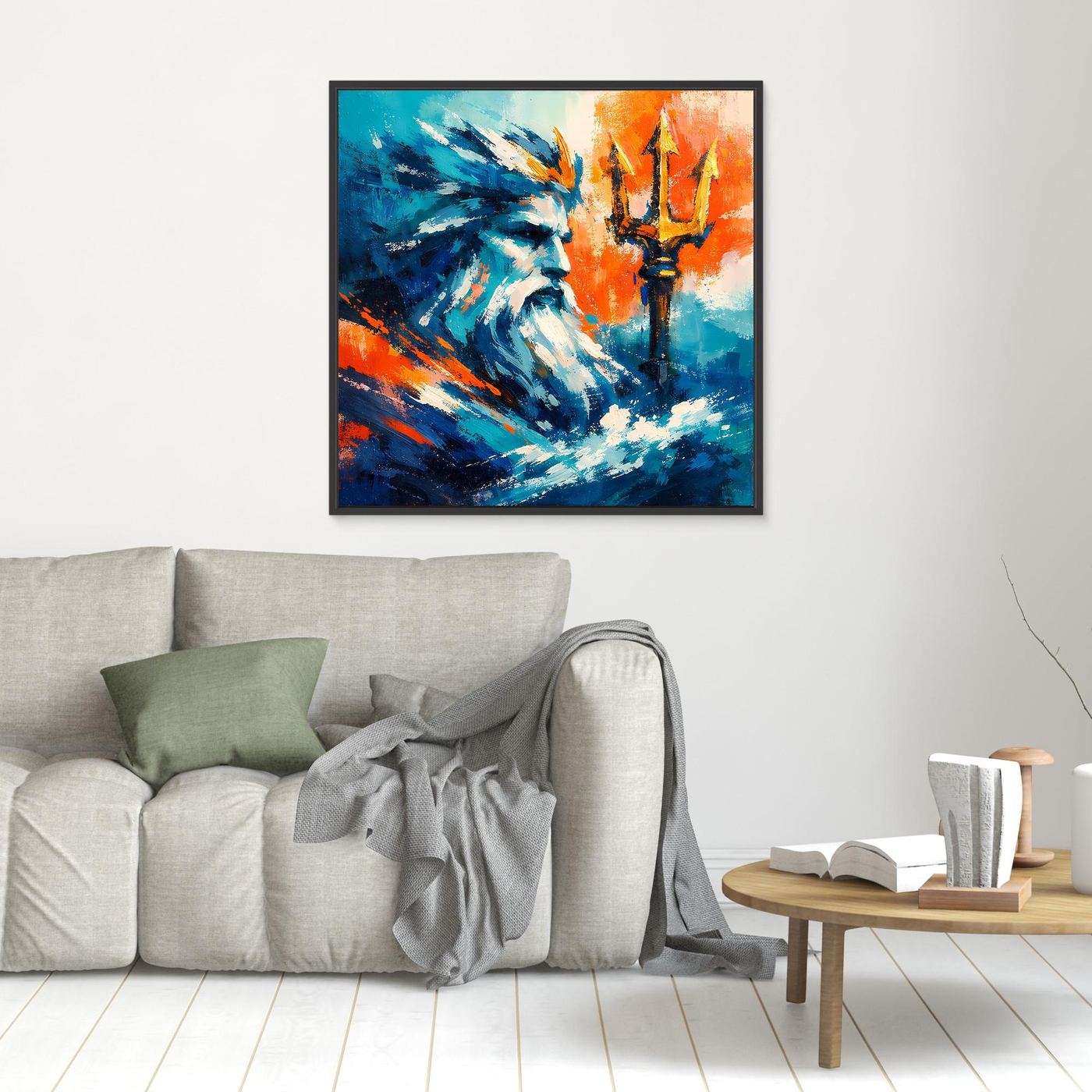 Black-framed square abstract sea god wall art with blue and orange strokes and trident.