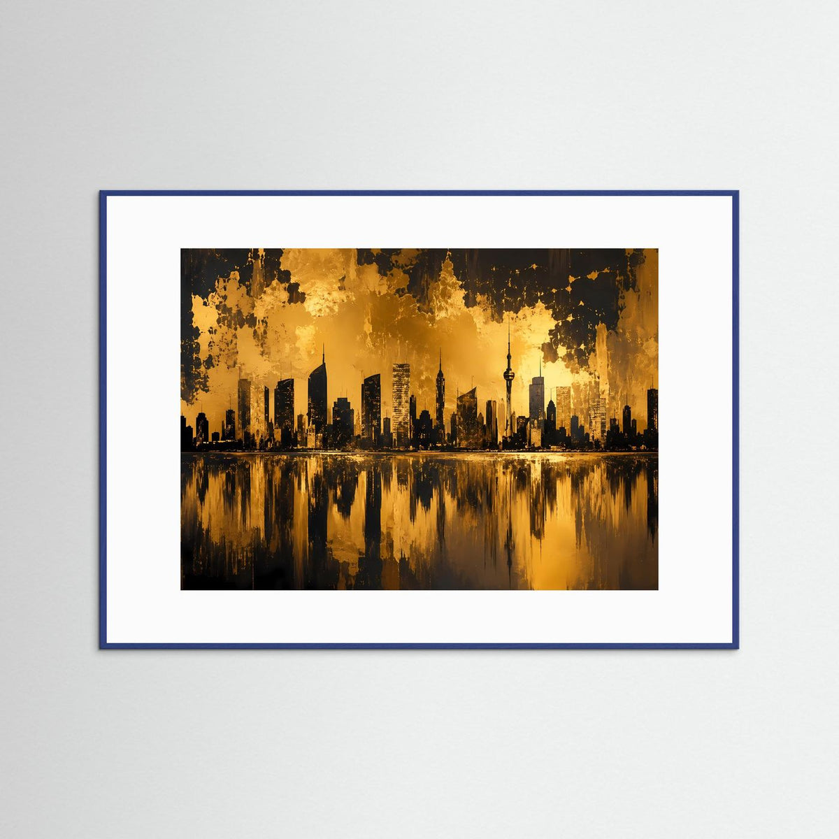 Querformatposter Skyline abstrakt, schwarz-goldene Stadt mit Wasserreflexion, blauer Rahmen