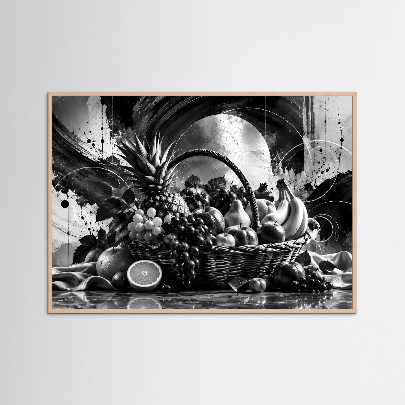 Schwarz-Weiß Obstkorb Poster | Modernes Stillleben Wandbild | Monochrome Früchte Kunst | Elegante Küchen Deko | Abstrakte Wall Art