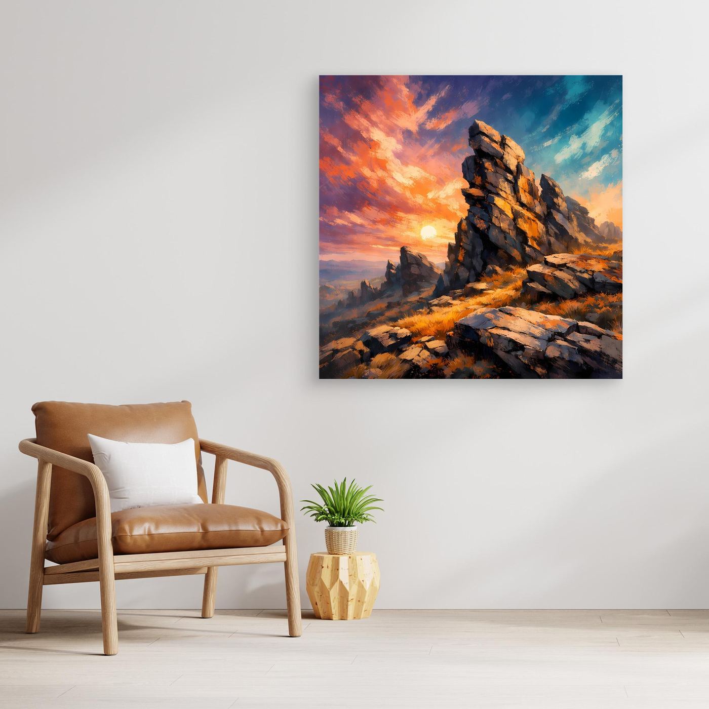 Premium Leinwand Monumentale Felsformation im Sonnenuntergang | Abstraktes Gebirge Wandbild