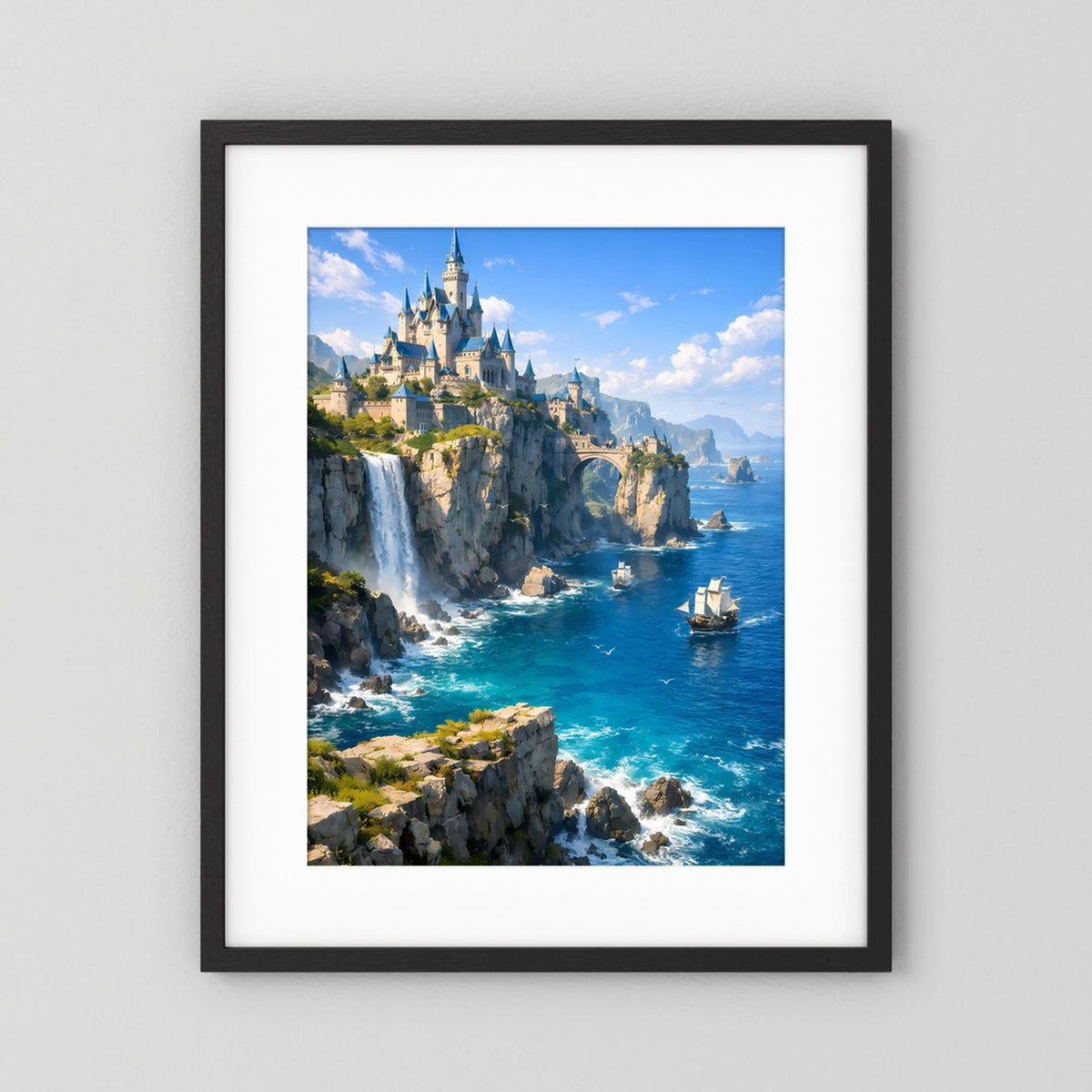 Poster im Hochformat mit schwarzem Holzrahmen und weißem Passepartout, Schloss an der Küste
