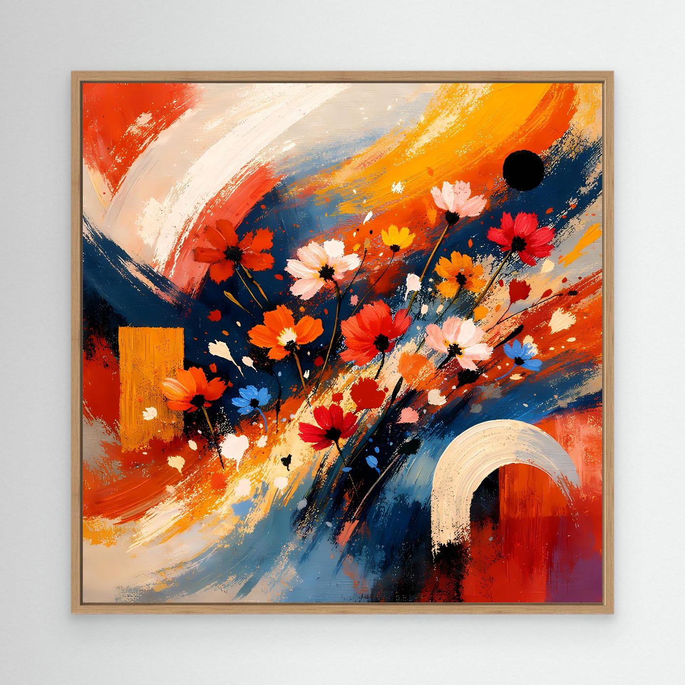 Abstraktes Leinwandbild mit bunten Blumen, Holzrahmen, abstrakte Farbfelder und Pinselstriche