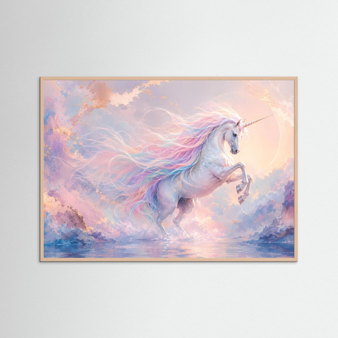Magisches Einhorn in Pastell | Fantasie Wandbild in Rosa, Blau & Gold