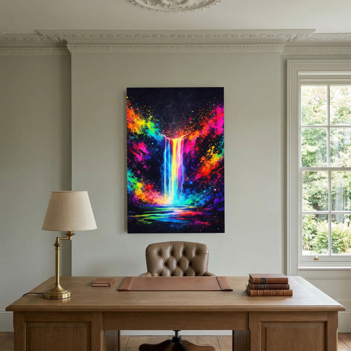 Hochformatiges Wandbild mit schwarzem Rahmen: Neon-Wasserfall-Abstrakt in Pink, Grün, Gelb und Blau