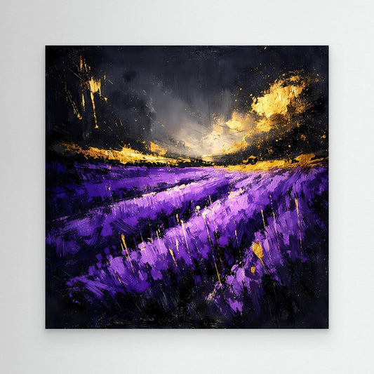 Abstraktes Leinwandbild: violettes Lavendelfeld mit goldenen Akzenten, schwarzer Rahmen